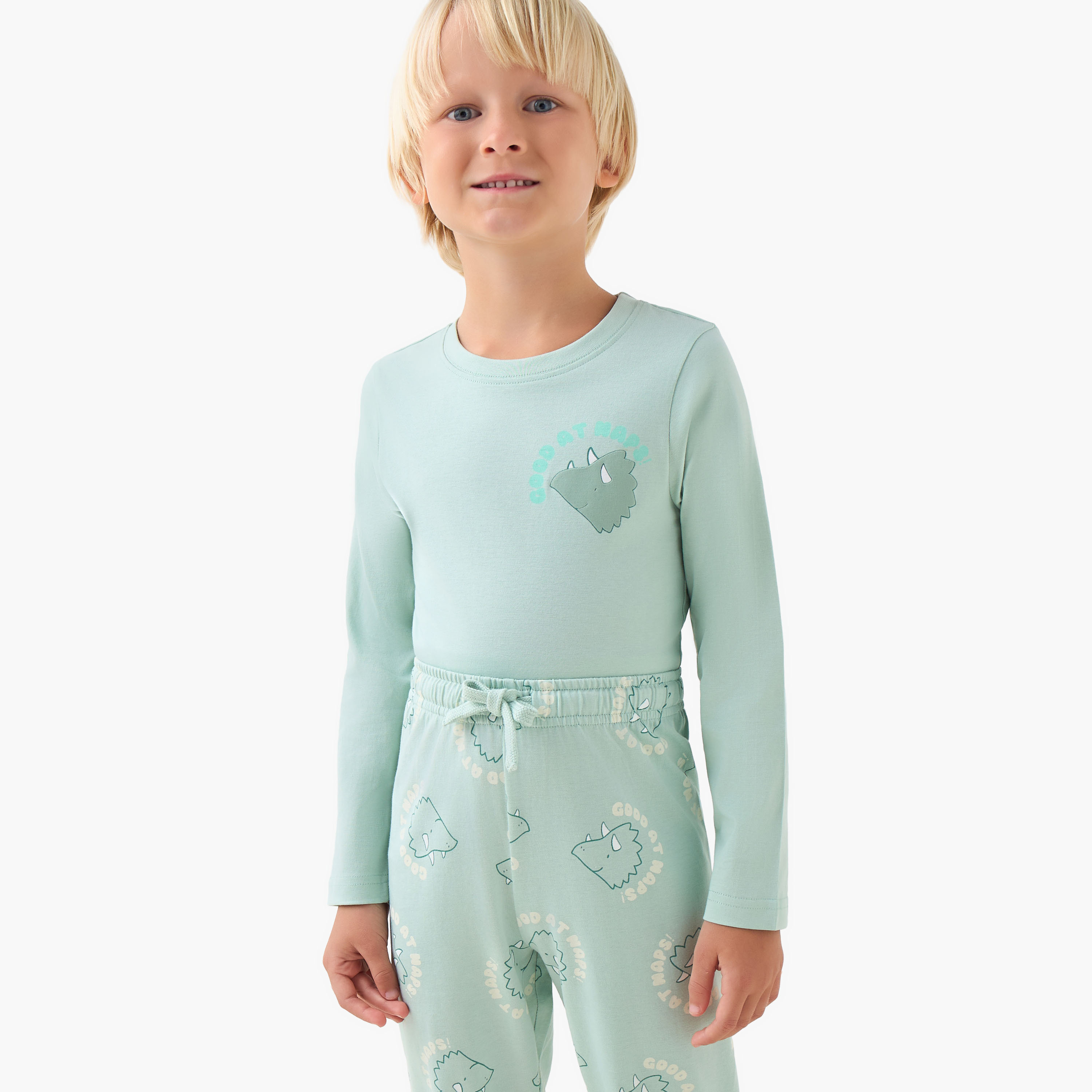 Juniors Cotton Crew Neck Long Sleeves Pyjama Set with Dinosaur Print-boys-clothing-nightwear-image-5