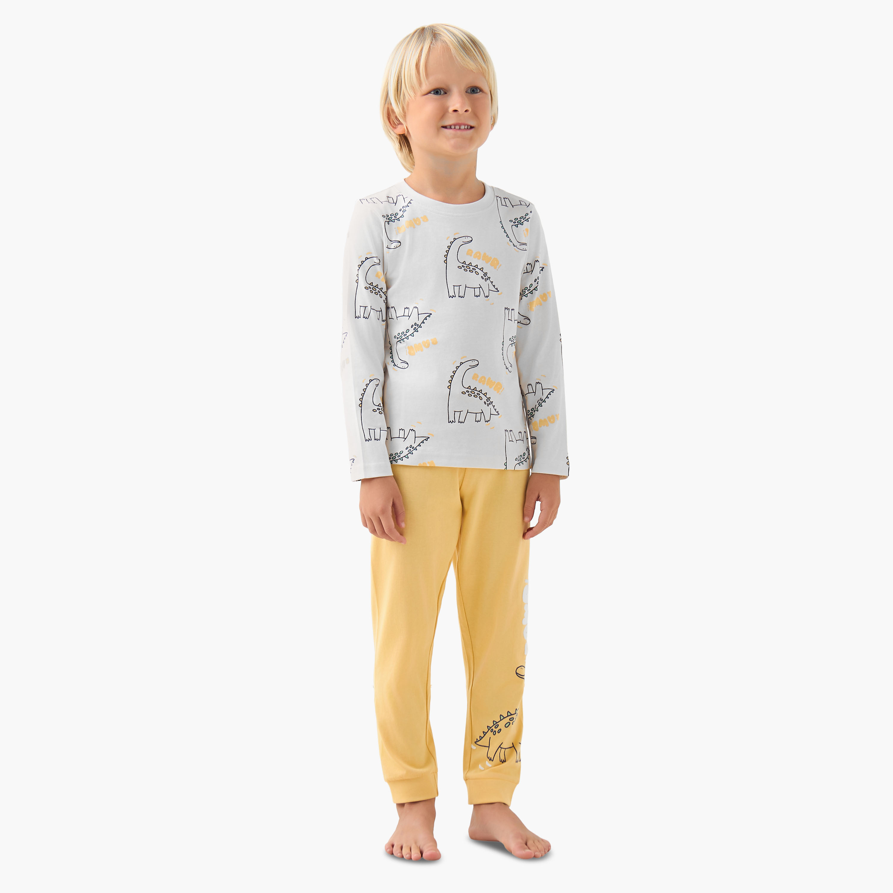 Juniors Cotton Crew Neck Long Sleeves Pyjama Set with Dinosaur Print-boys-clothing-nightwear-image-1