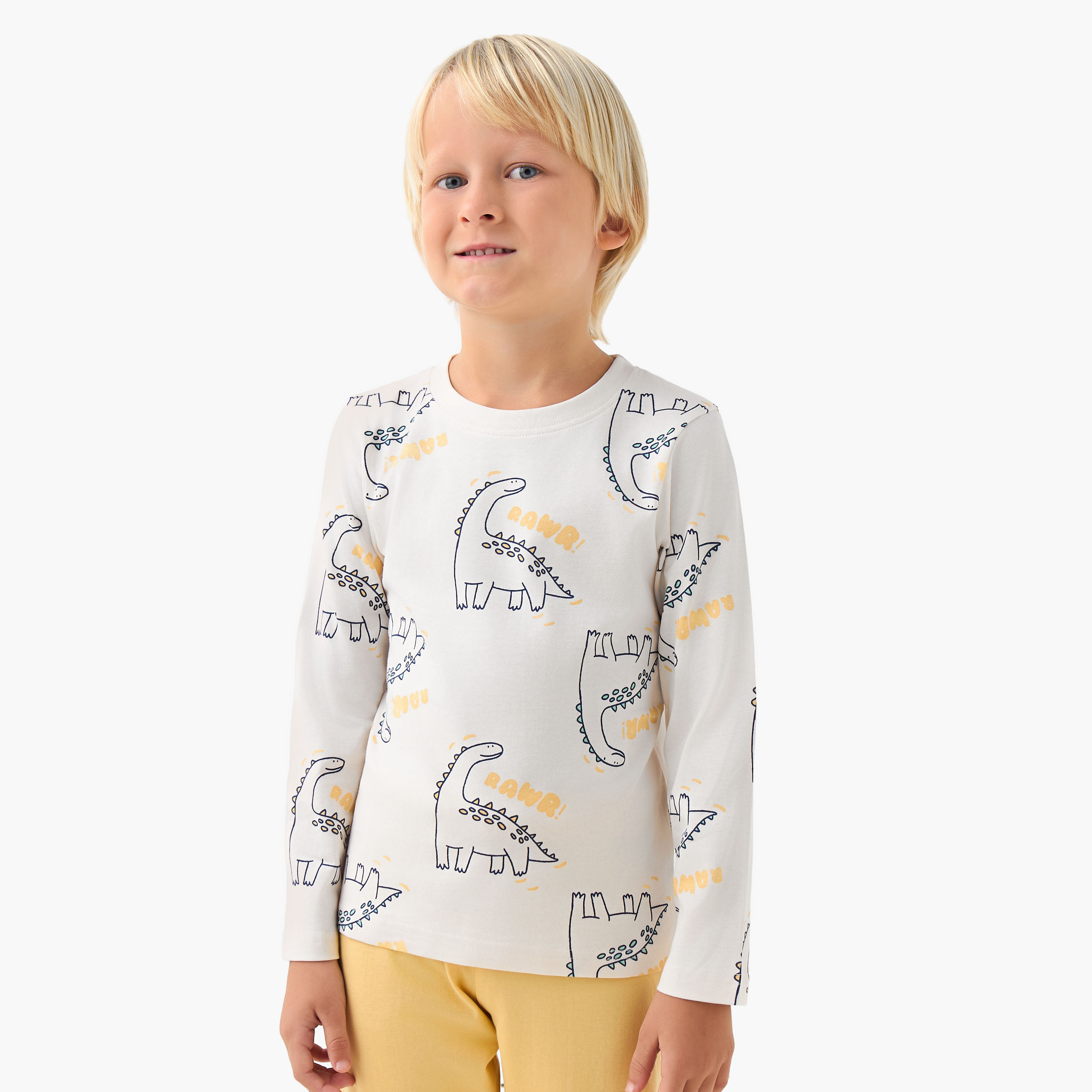 Juniors Cotton Crew Neck Long Sleeves Pyjama Set with Dinosaur Print-boys-clothing-nightwear-image-2