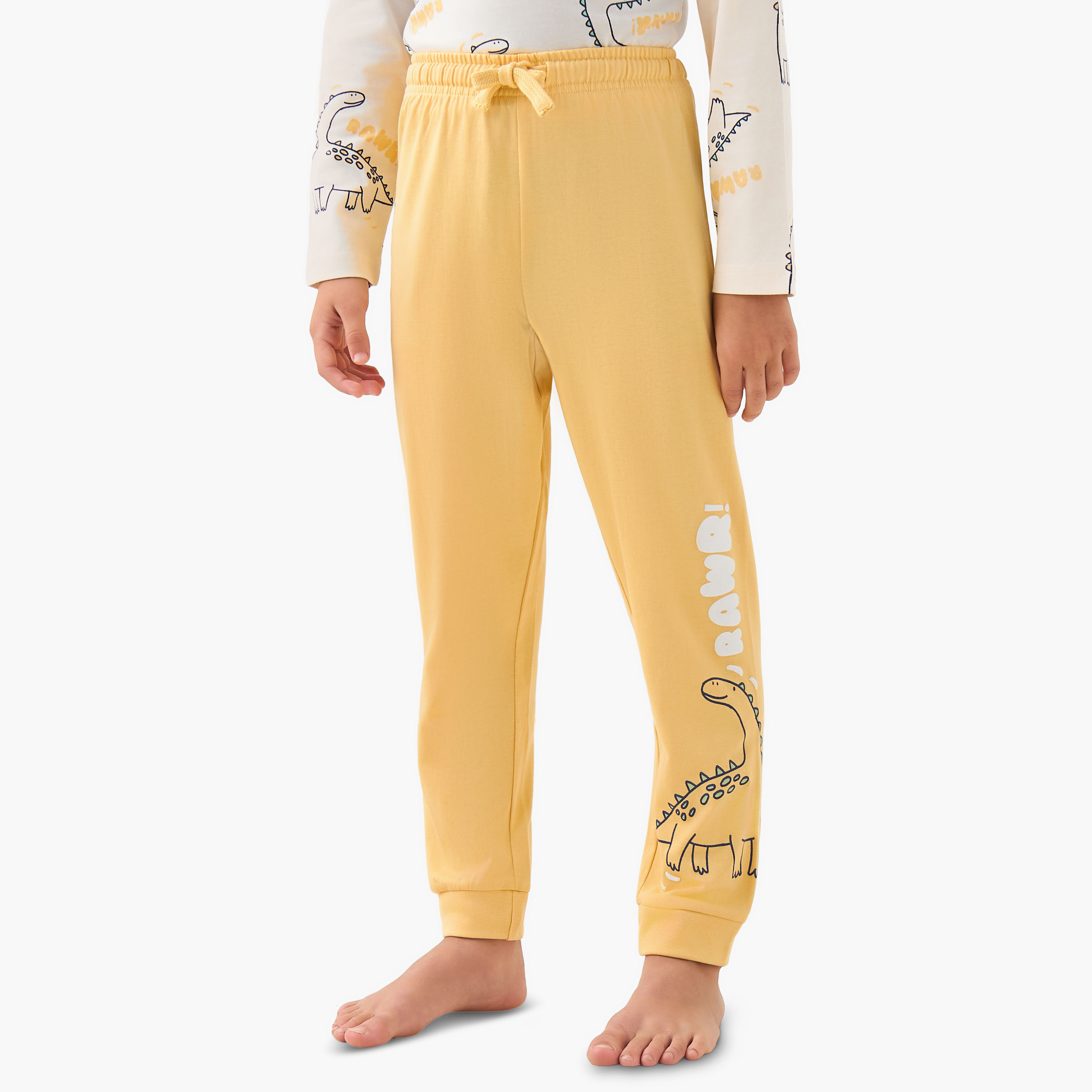 Juniors Cotton Crew Neck Long Sleeves Pyjama Set with Dinosaur Print-boys-clothing-nightwear-image-3