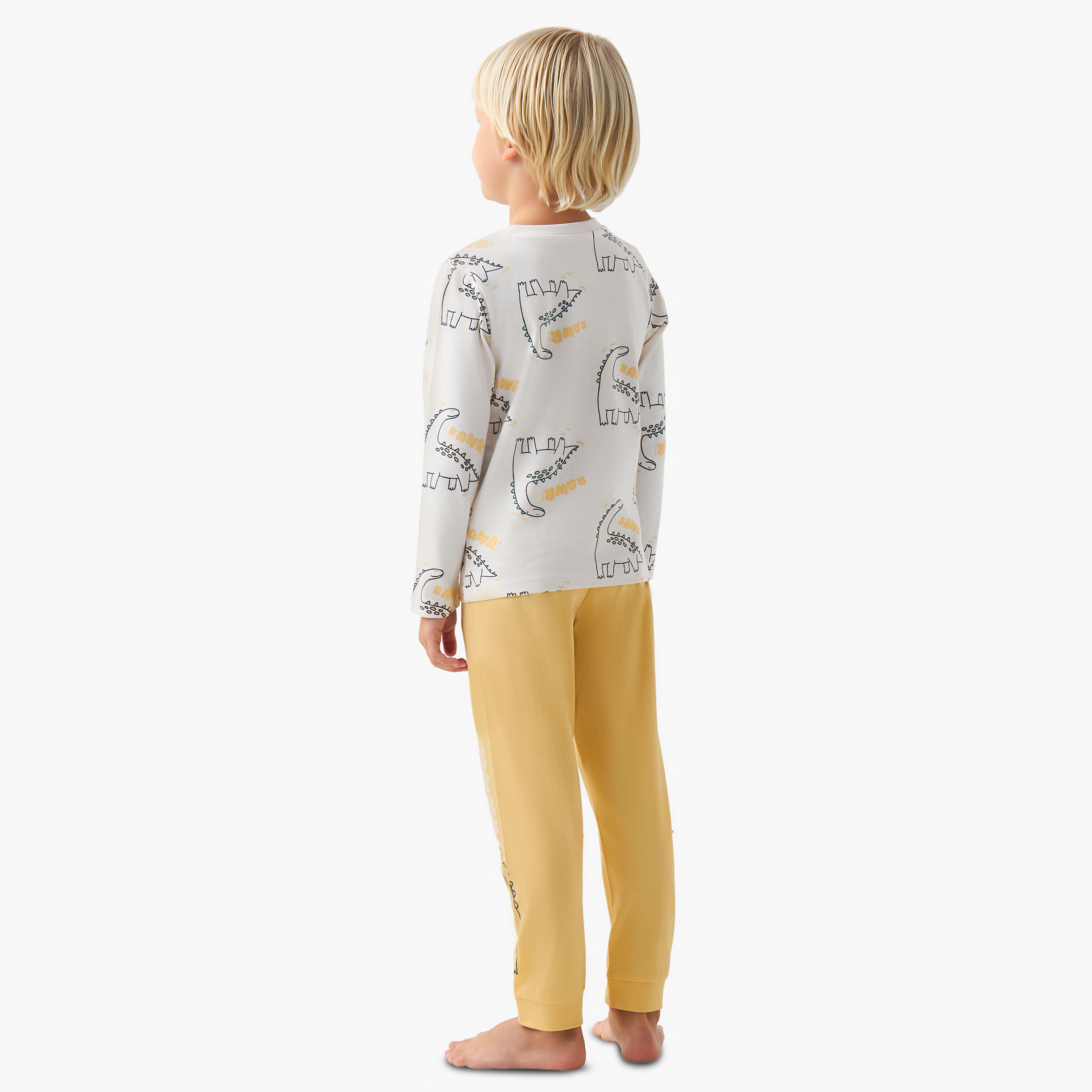 Juniors Cotton Crew Neck Long Sleeves Pyjama Set with Dinosaur Print-boys-clothing-nightwear-image-4