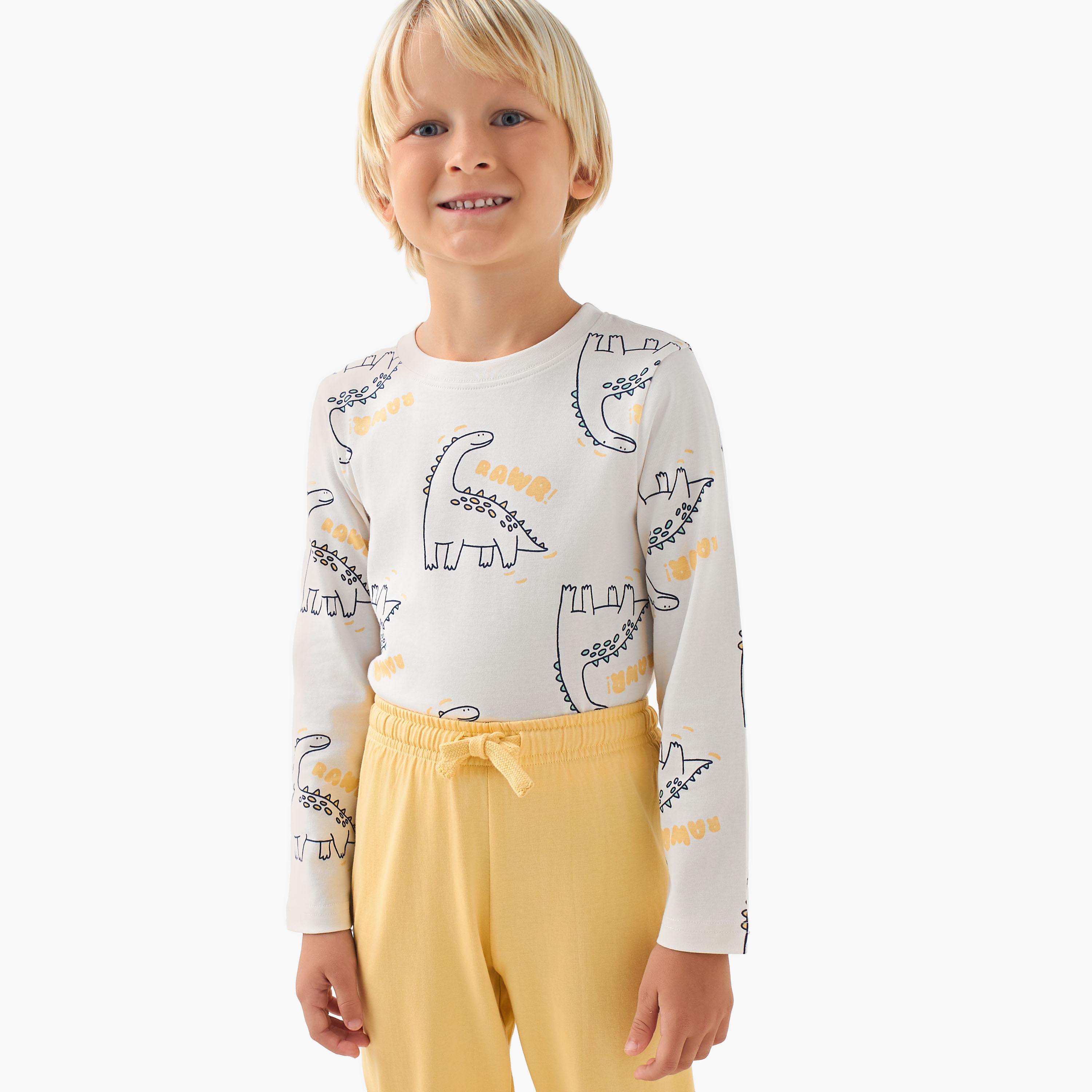 Juniors Cotton Crew Neck Long Sleeves Pyjama Set with Dinosaur Print-boys-clothing-nightwear-image-5