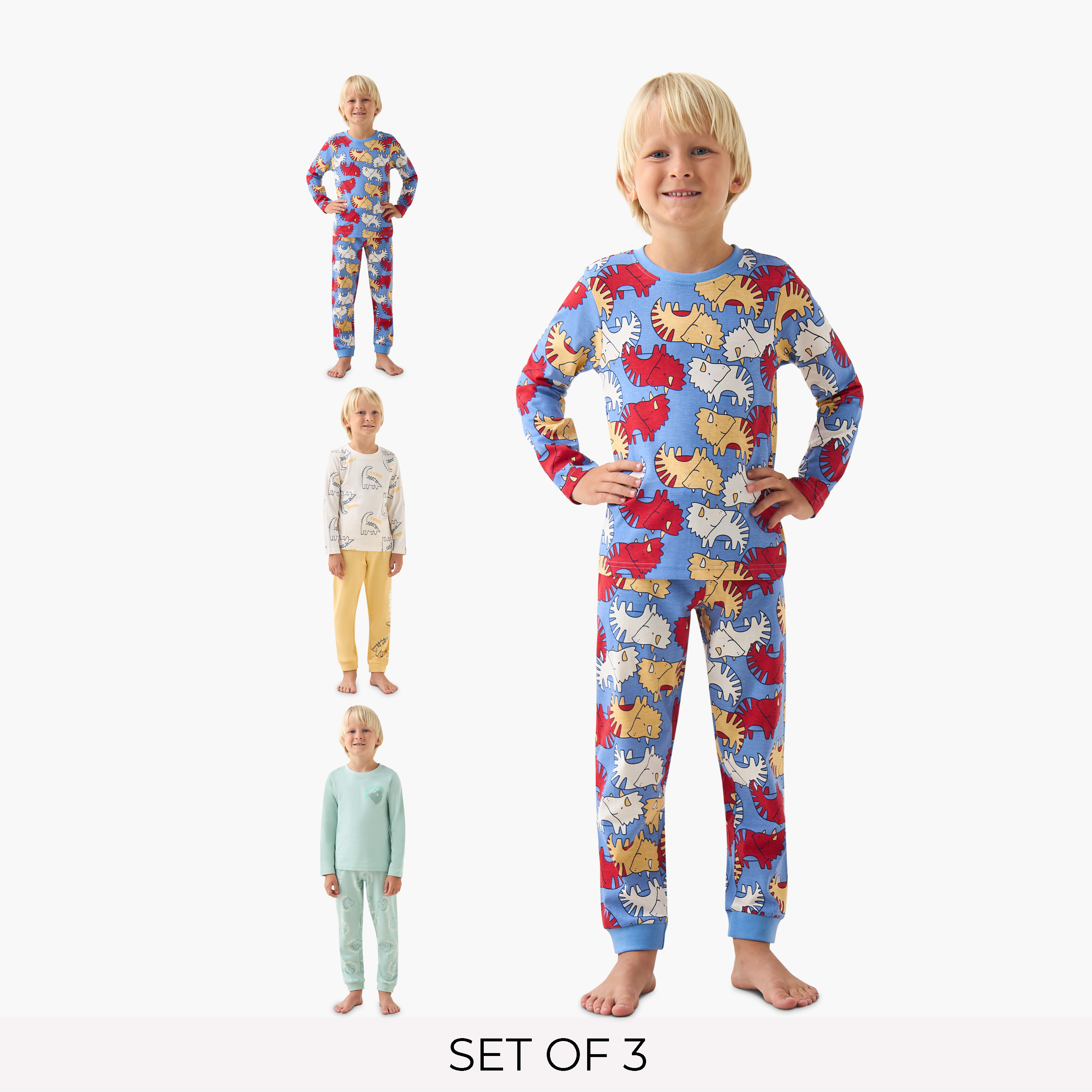 طقم بيجاما قطن بياقة ضيقة وأكمام طويلة بطبعات ديناصورات - عبوة من 3 قطع-boys-clothing-nightwear-image-9