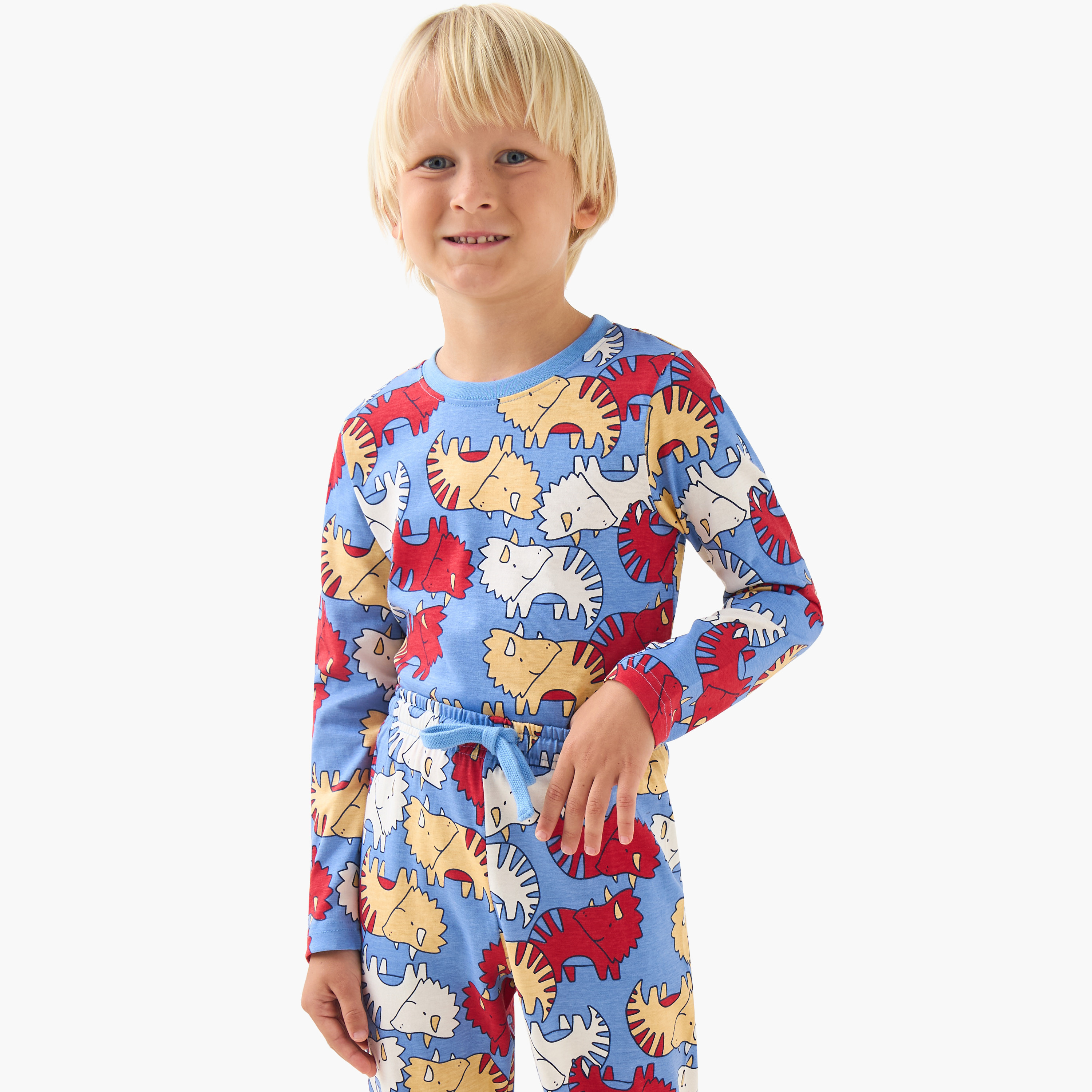 طقم بيجاما قطن بياقة ضيقة وأكمام طويلة بطبعات ديناصورات - عبوة من 3 قطع-boys-clothing-nightwear-image-3
