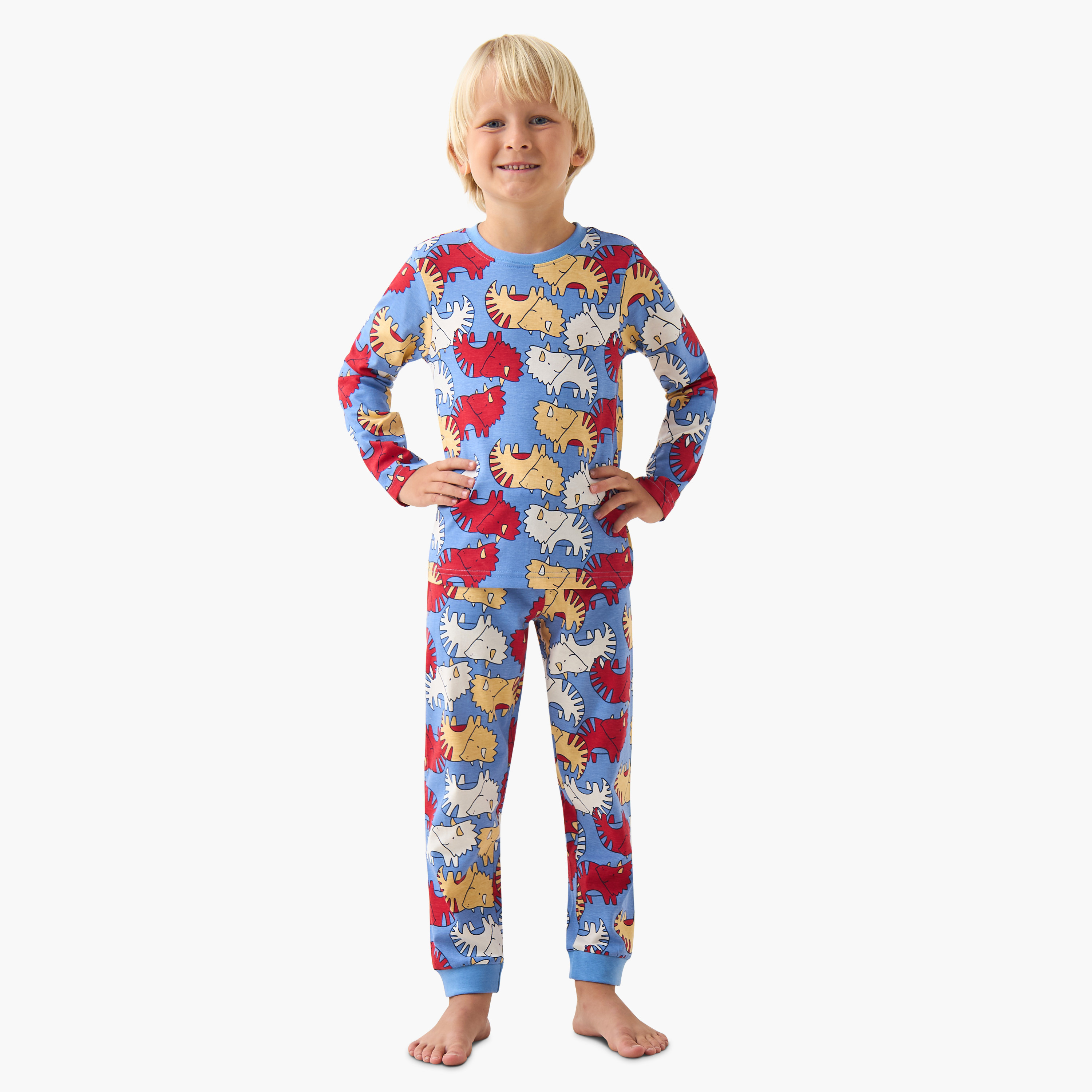 طقم بيجاما قطن بياقة ضيقة وأكمام طويلة بطبعات ديناصورات - عبوة من 3 قطع-boys-clothing-nightwear-image-1