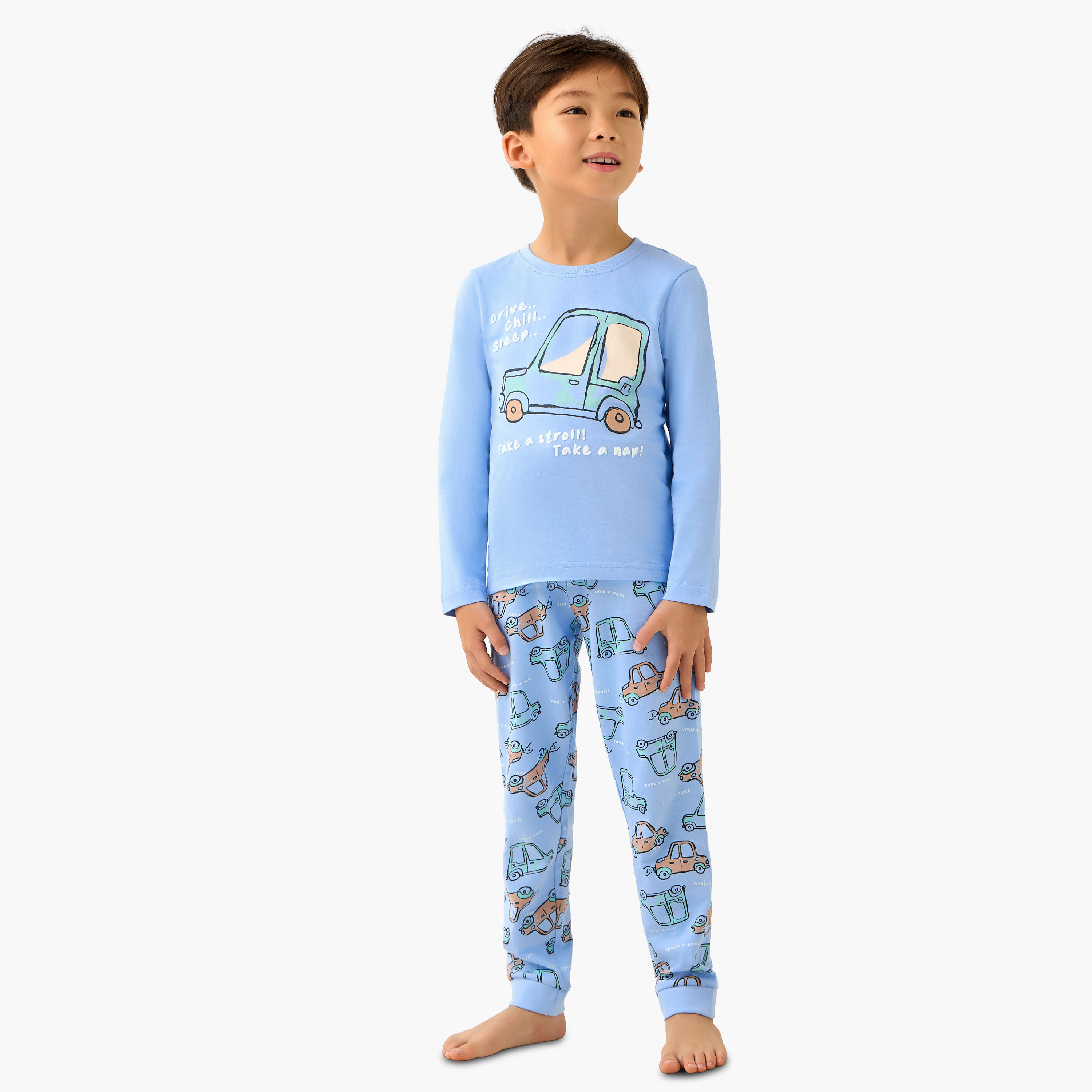 Juniors Cotton Crew Neck Long Sleeve Pyjama Set with Car Print-boys-clothing-nightwear-image-1