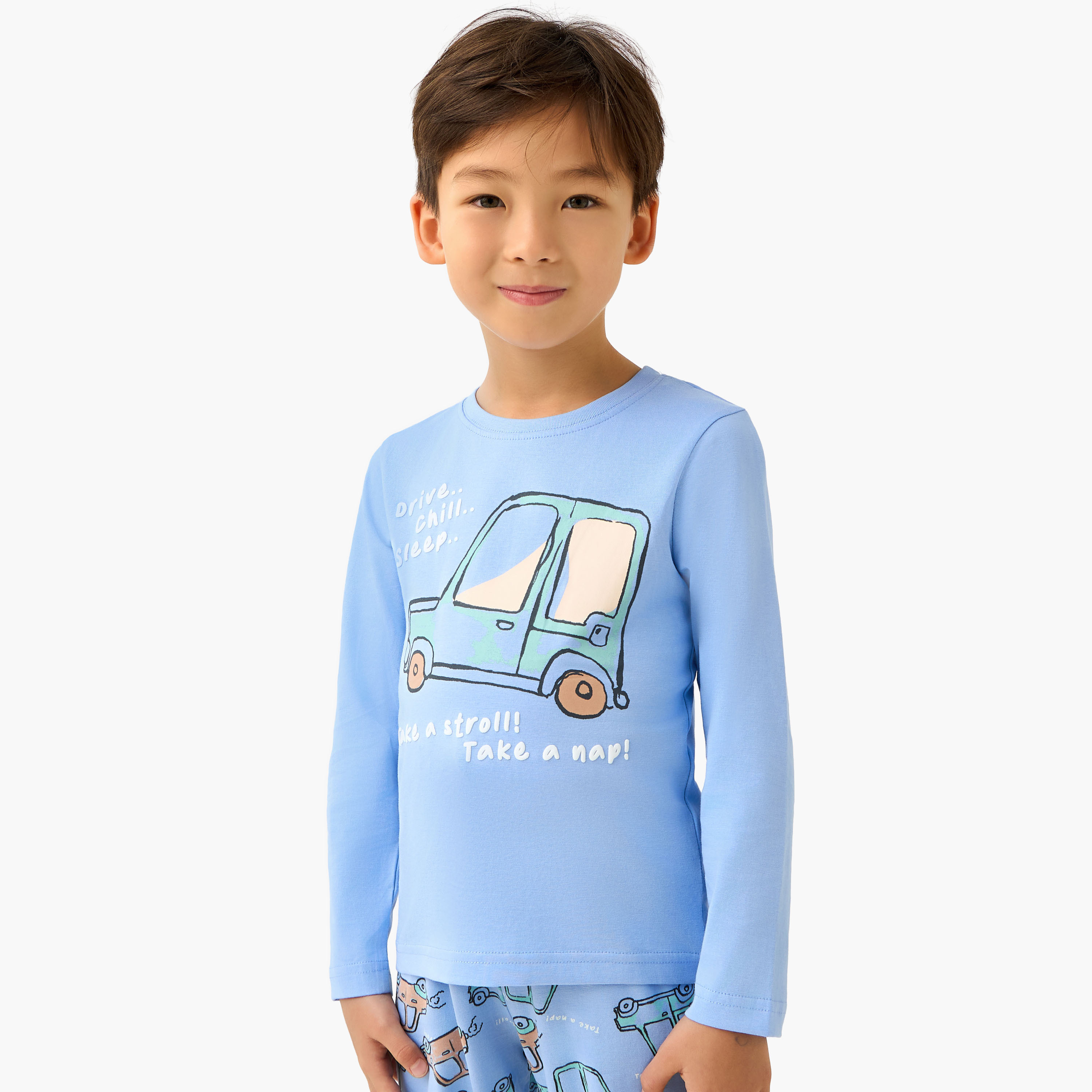 Juniors Cotton Crew Neck Long Sleeve Pyjama Set with Car Print-boys-clothing-nightwear-image-2