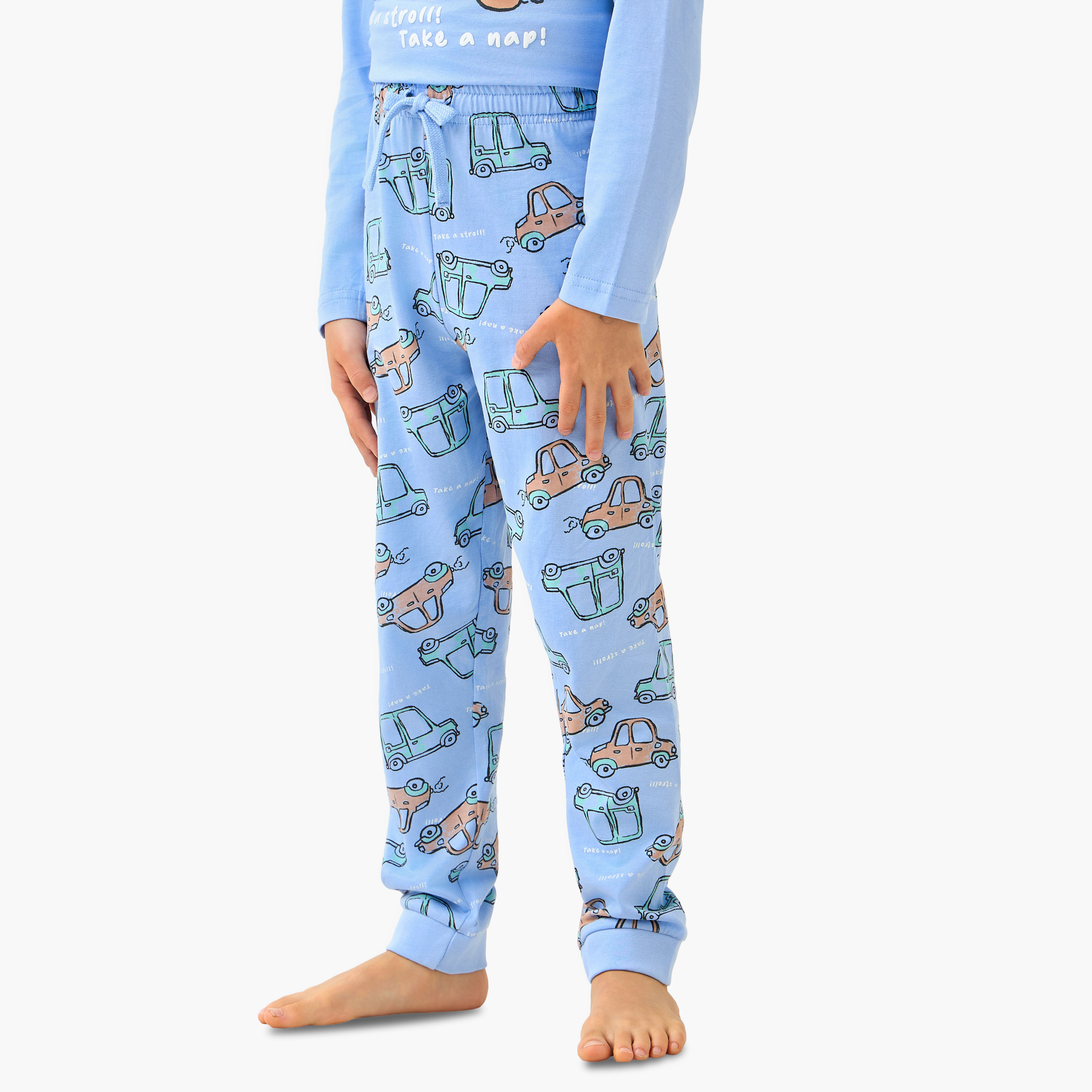 Juniors Cotton Crew Neck Long Sleeve Pyjama Set with Car Print-boys-clothing-nightwear-image-3