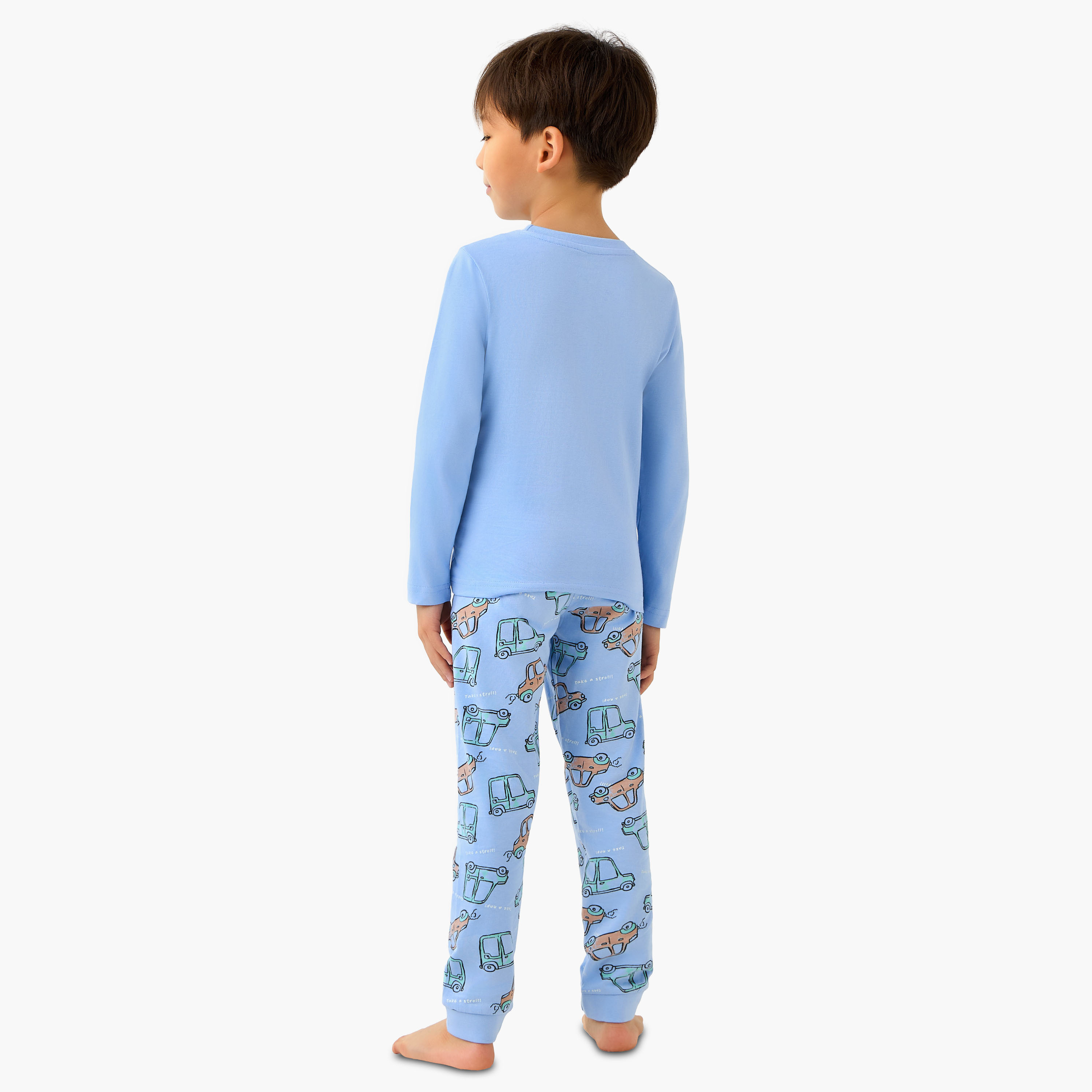 Juniors Cotton Crew Neck Long Sleeve Pyjama Set with Car Print-boys-clothing-nightwear-image-4
