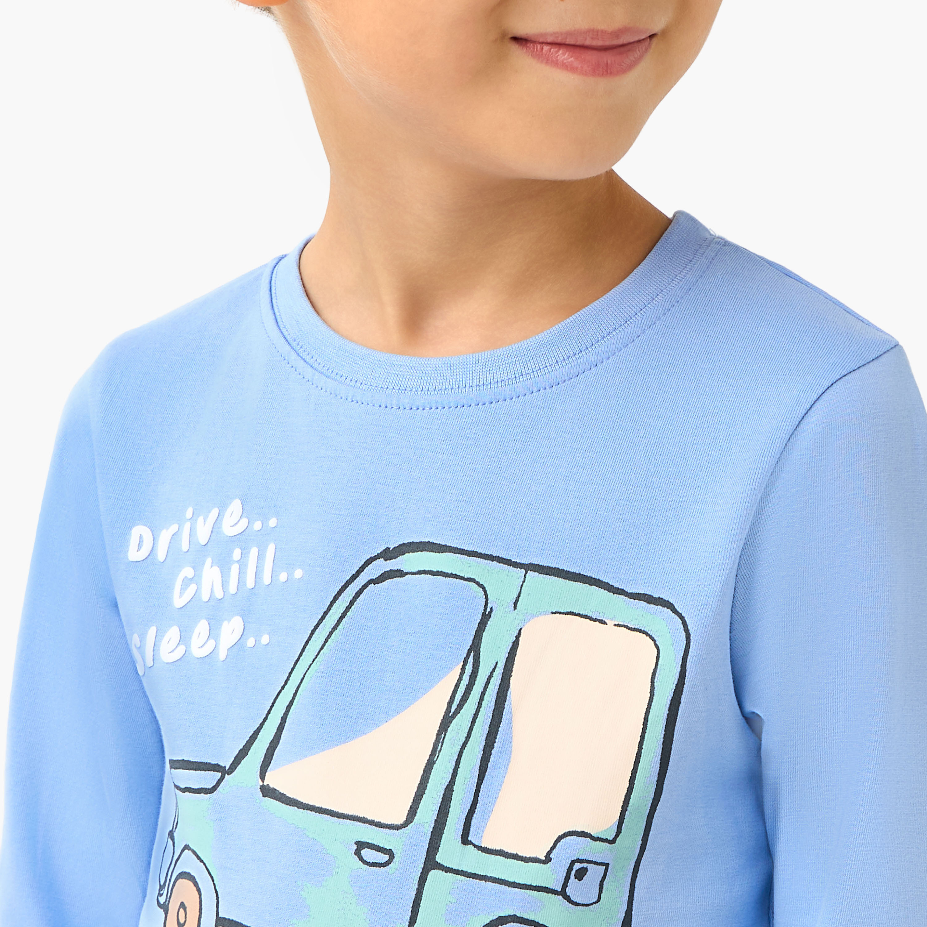 Juniors Cotton Crew Neck Long Sleeve Pyjama Set with Car Print-boys-clothing-nightwear-image-6
