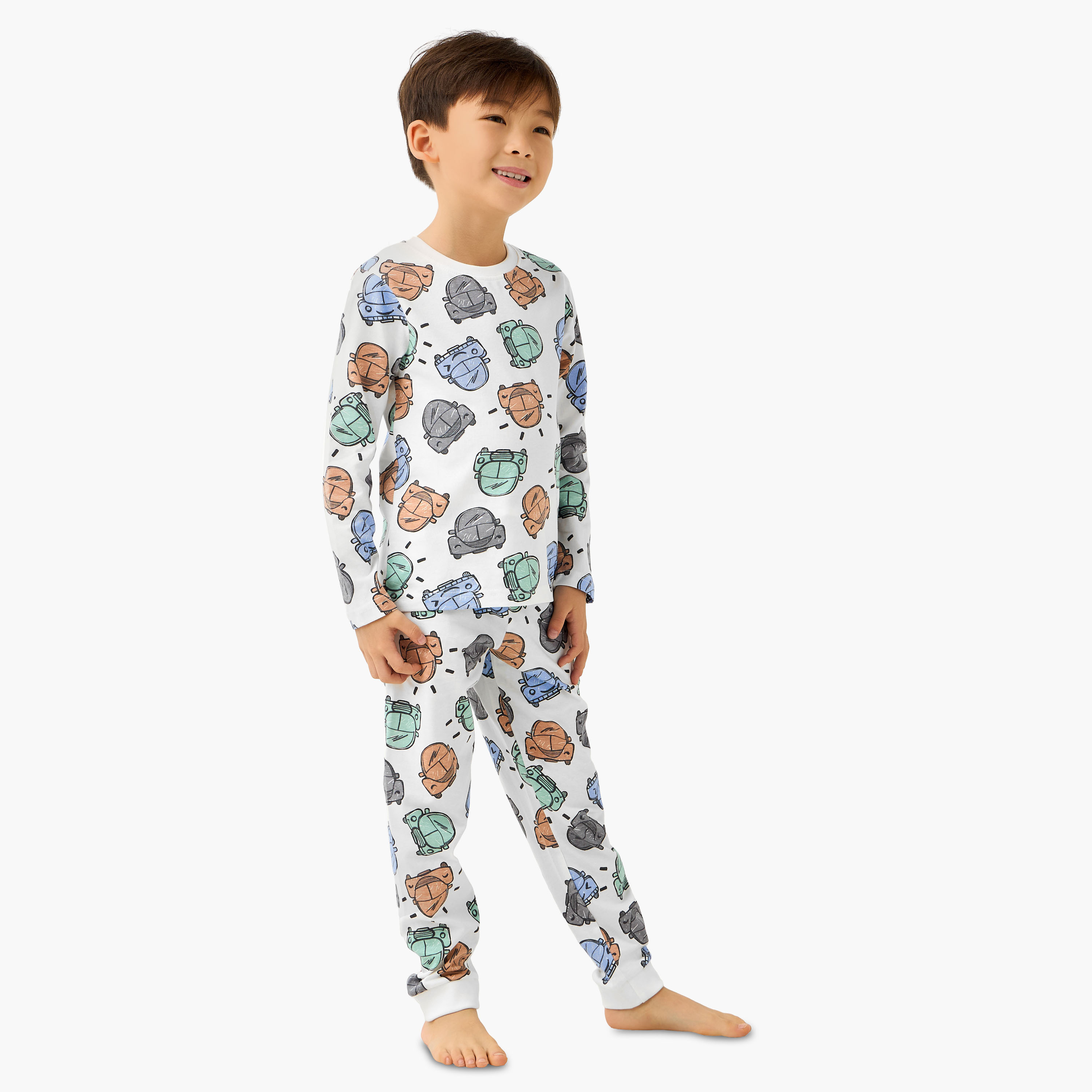 Juniors Cotton Crew Neck Long Sleeves Pyjama Set with Dinosaur Print-boys-clothing-nightwear-image-1
