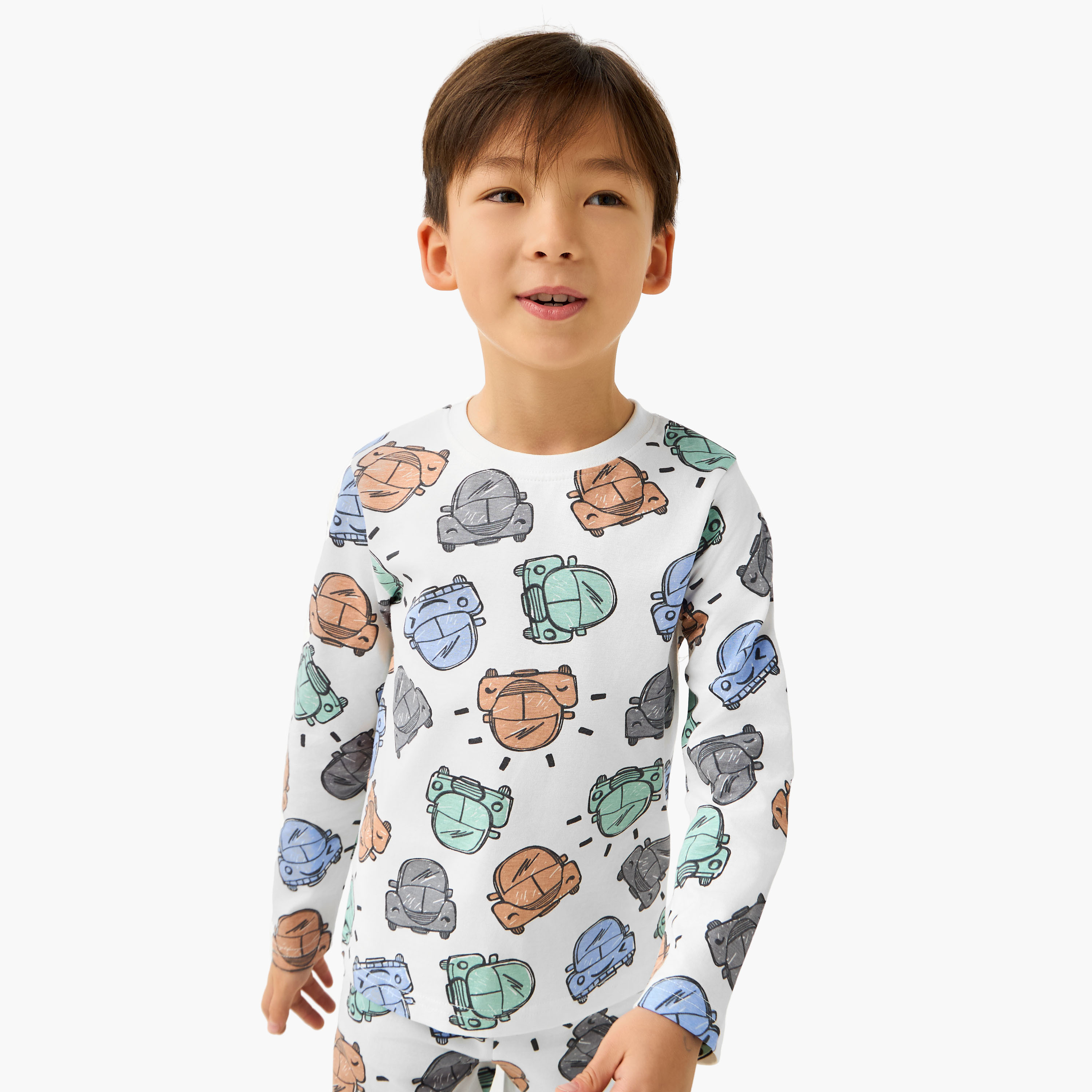Juniors Cotton Crew Neck Long Sleeves Pyjama Set with Dinosaur Print-boys-clothing-nightwear-image-2