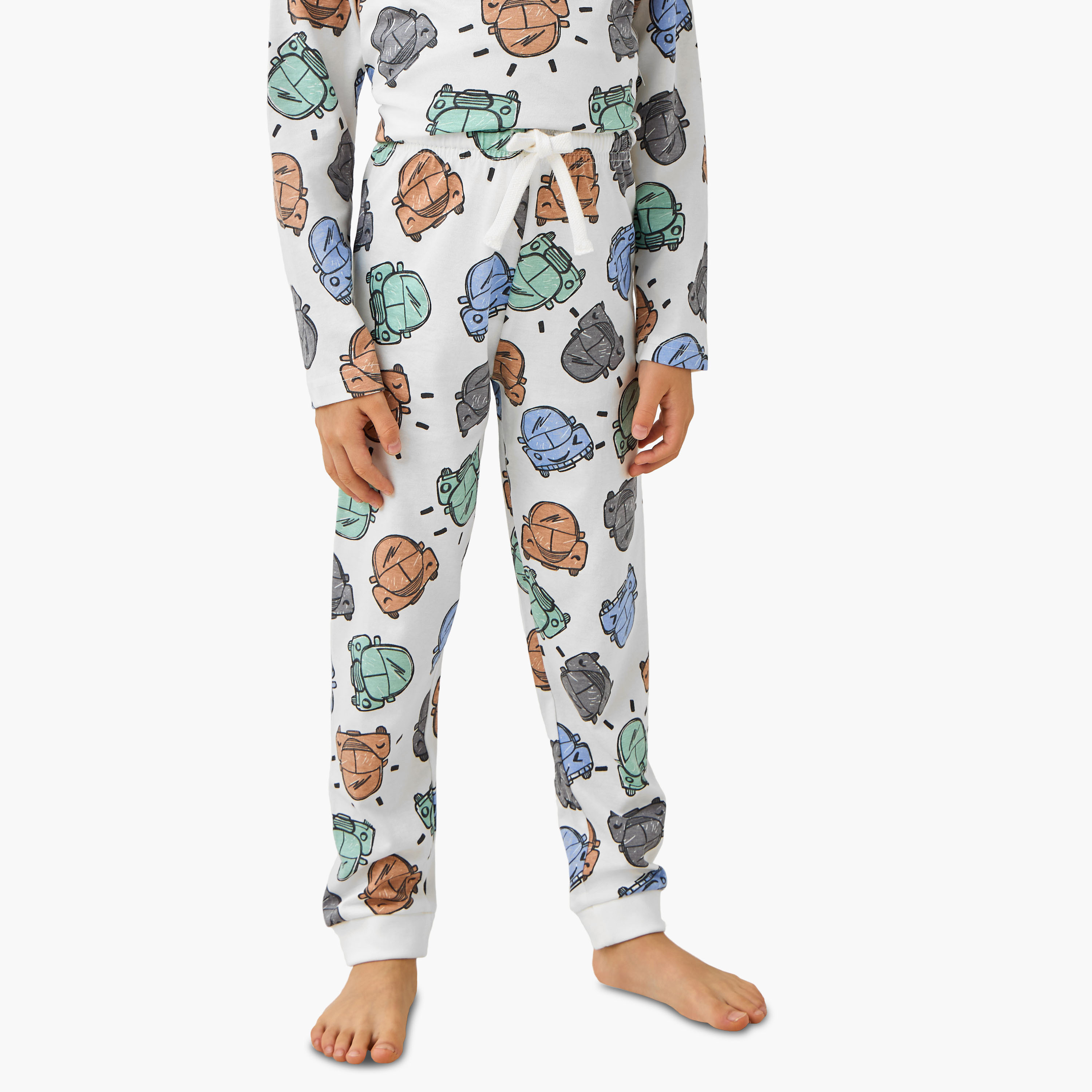 Juniors Cotton Crew Neck Long Sleeves Pyjama Set with Dinosaur Print-boys-clothing-nightwear-image-3