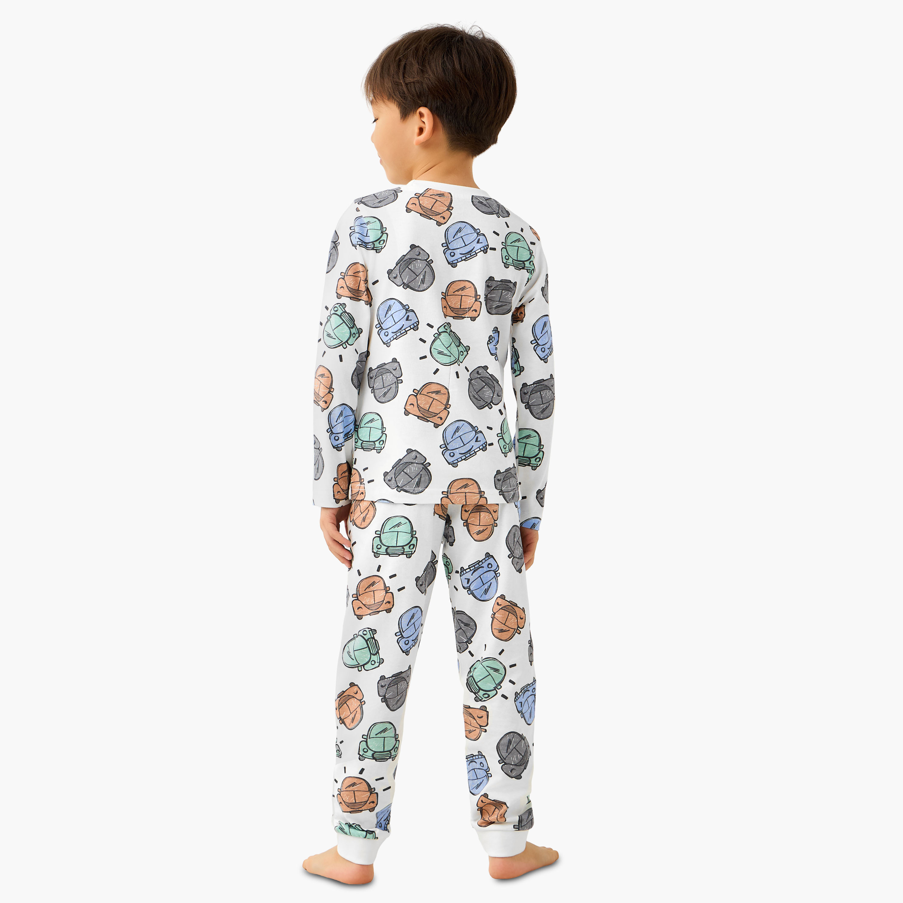 Juniors Cotton Crew Neck Long Sleeves Pyjama Set with Dinosaur Print-boys-clothing-nightwear-image-4