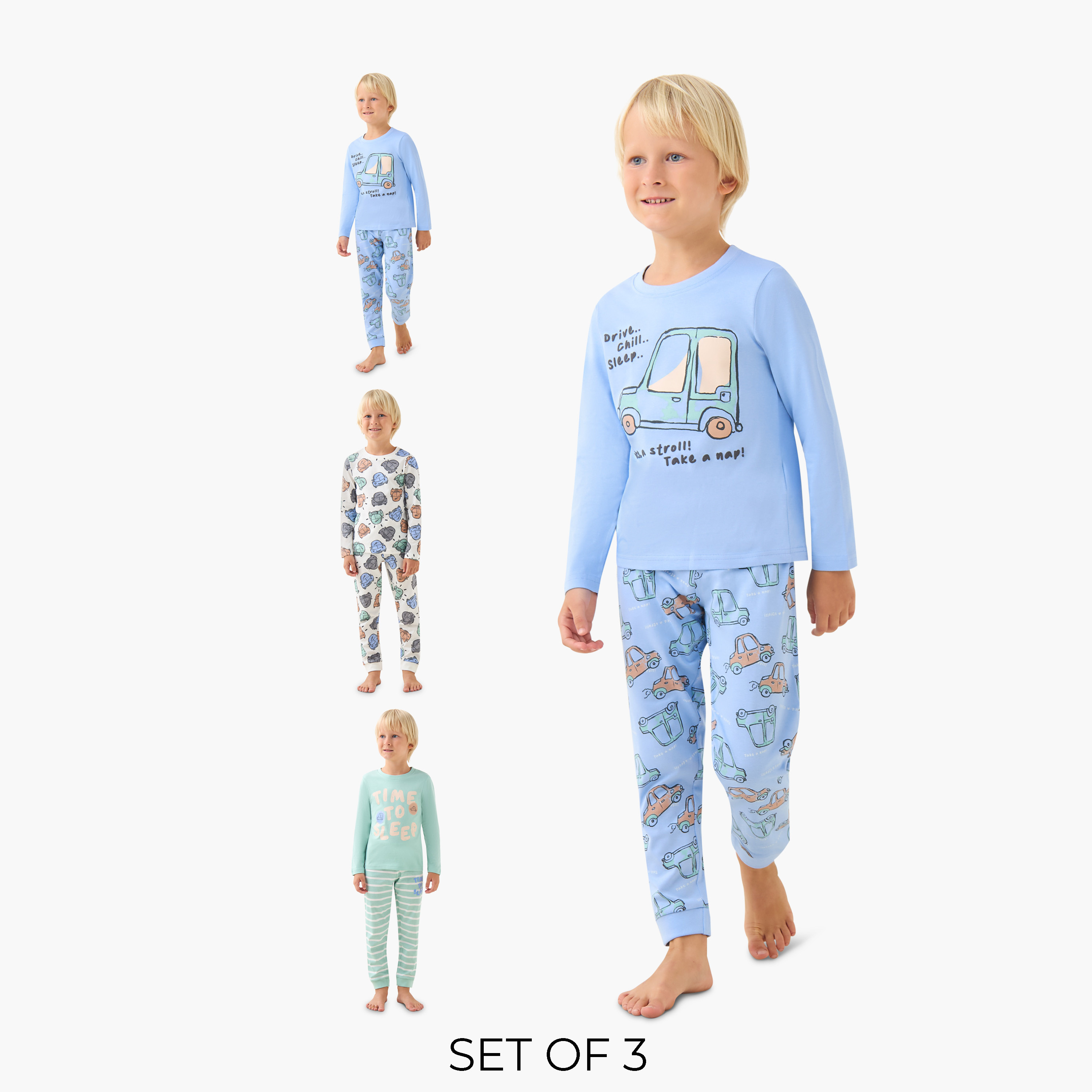 Pack of 3 Cotton Round Neck Long Sleeve Pyjama Set with Vehicle Print-boys-clothing-nightwear-image-1