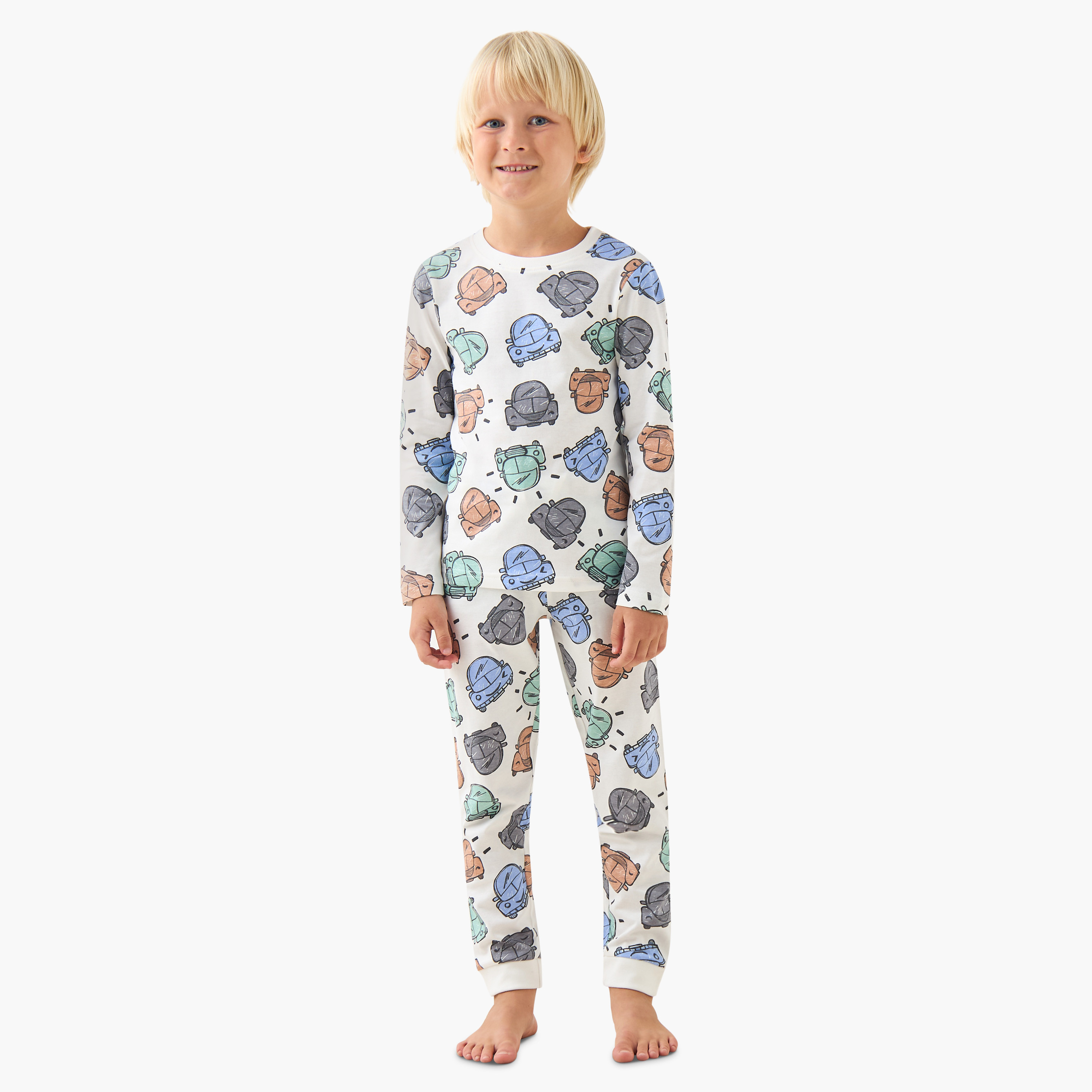 Pack of 3 Cotton Round Neck Long Sleeve Pyjama Set with Vehicle Print-boys-clothing-nightwear-image-2