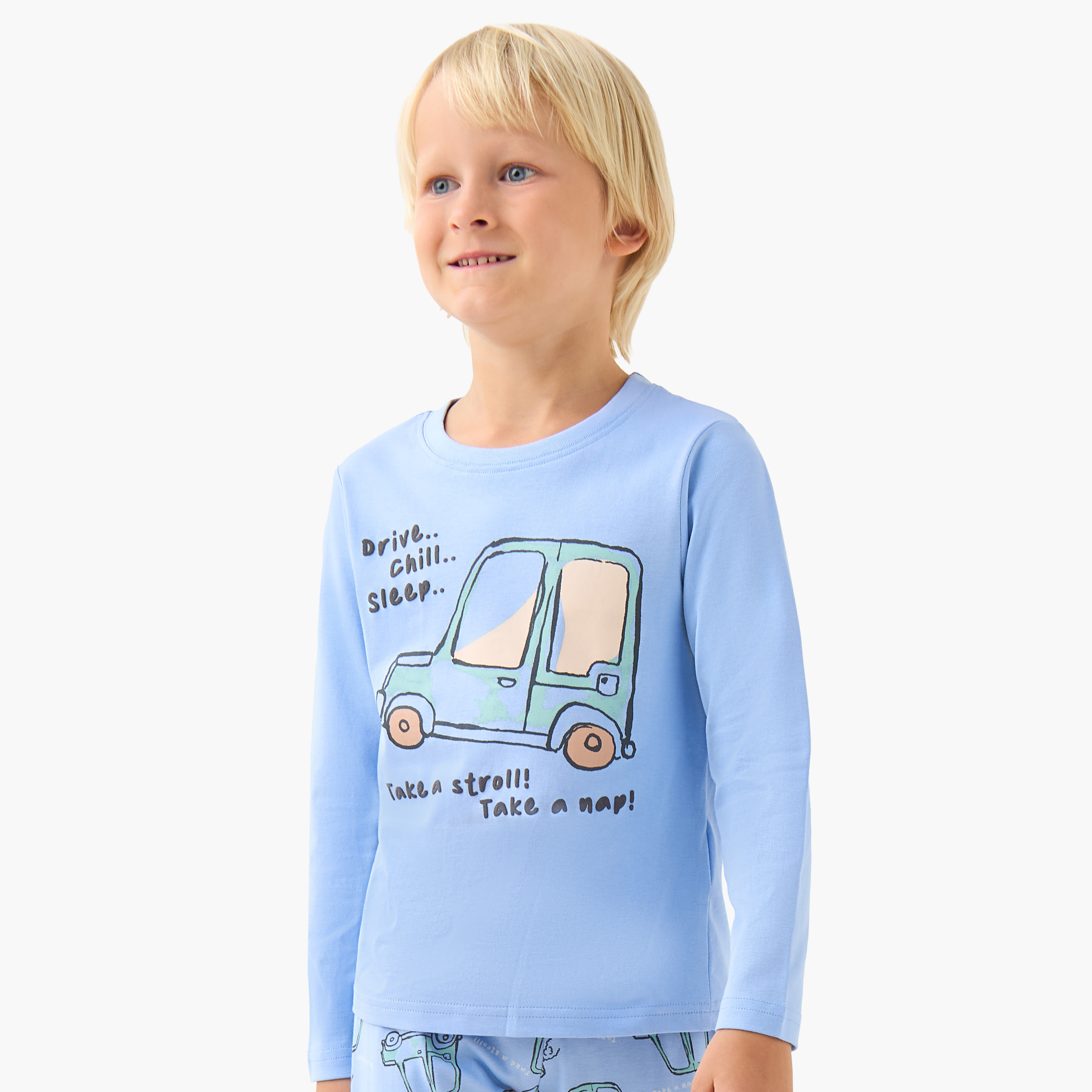 Pack of 3 Cotton Round Neck Long Sleeve Pyjama Set with Vehicle Print-boys-clothing-nightwear-image-4