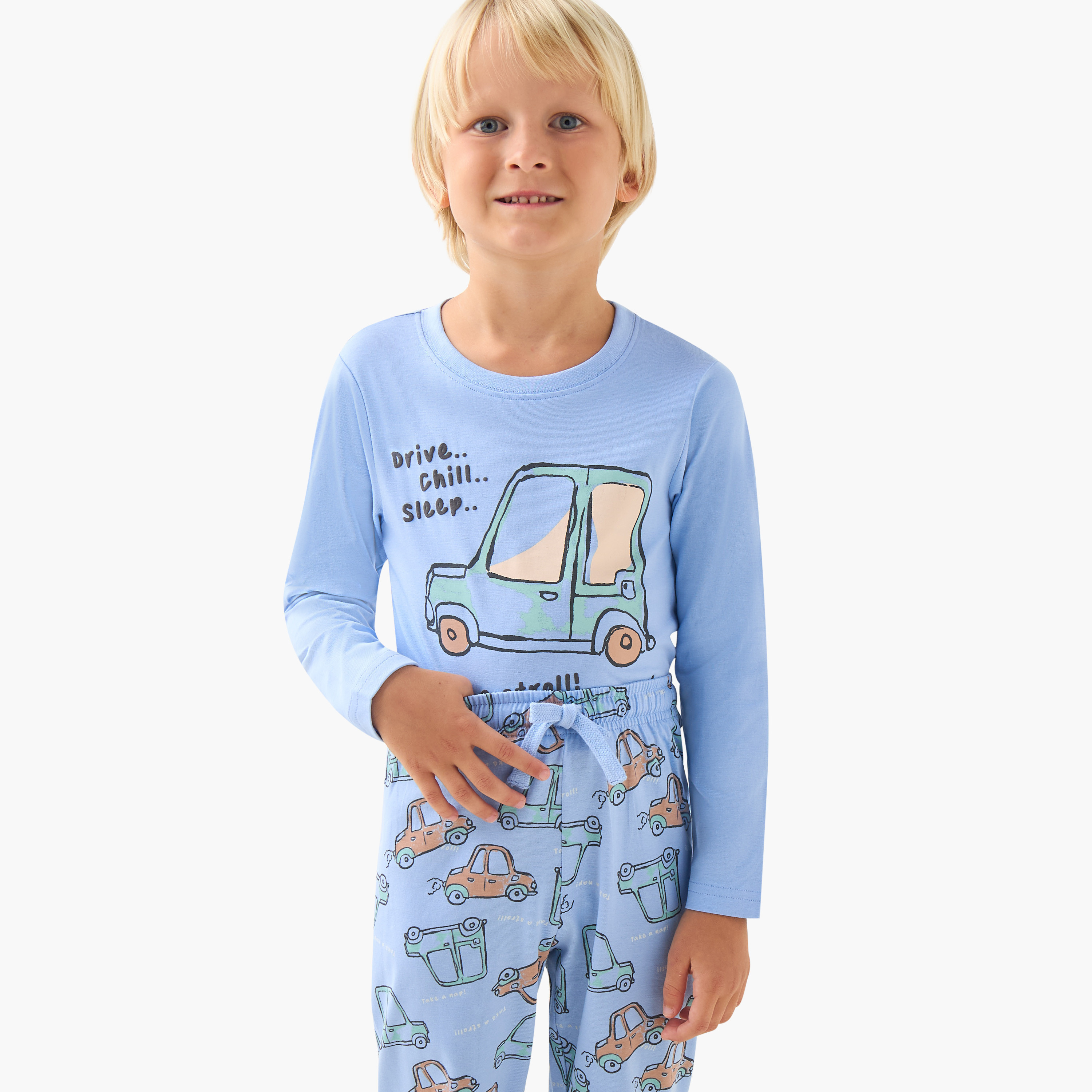 Pack of 3 Cotton Round Neck Long Sleeve Pyjama Set with Vehicle Print-boys-clothing-nightwear-image-7