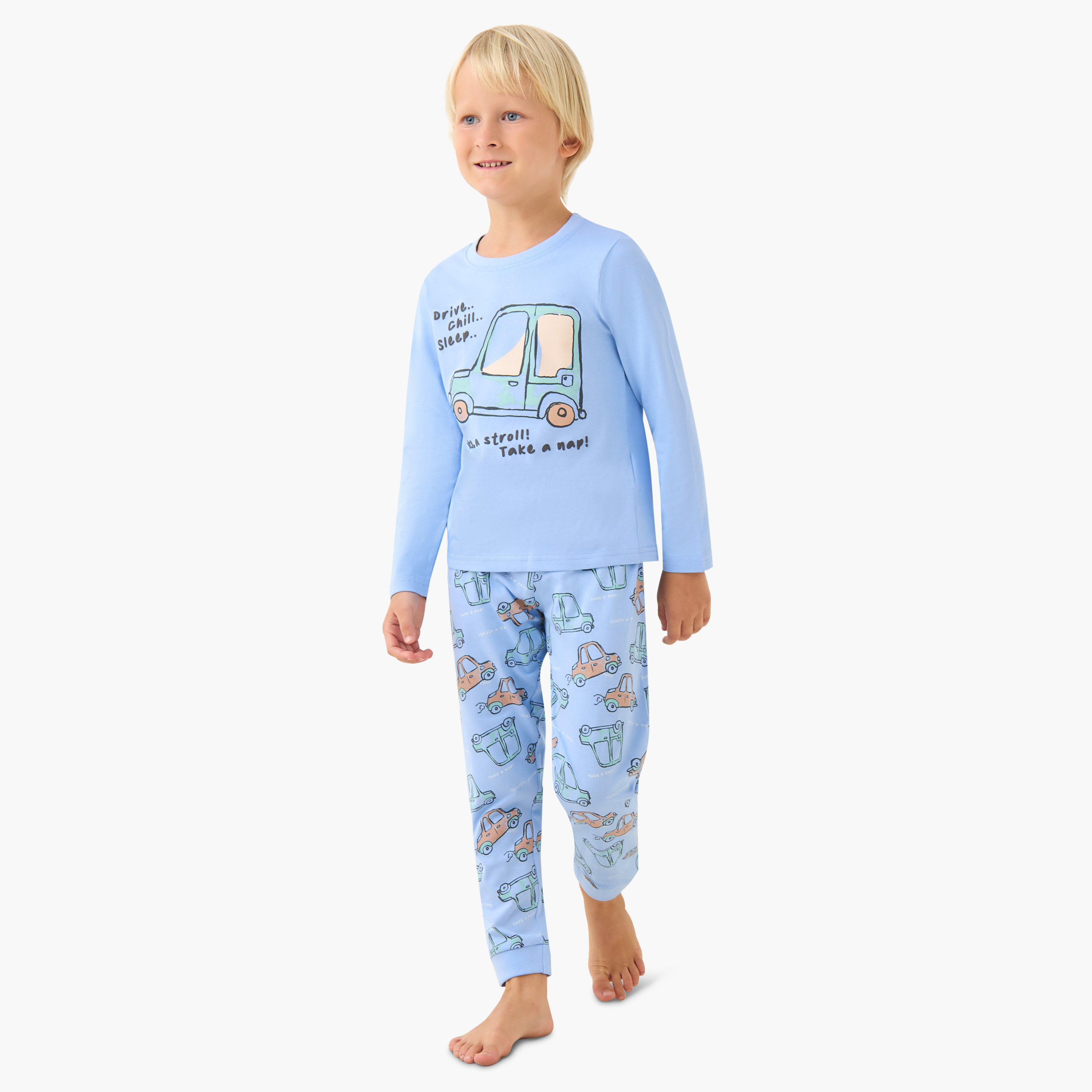 Pack of 3 Cotton Round Neck Long Sleeve Pyjama Set with Vehicle Print-boys-clothing-nightwear-image-9