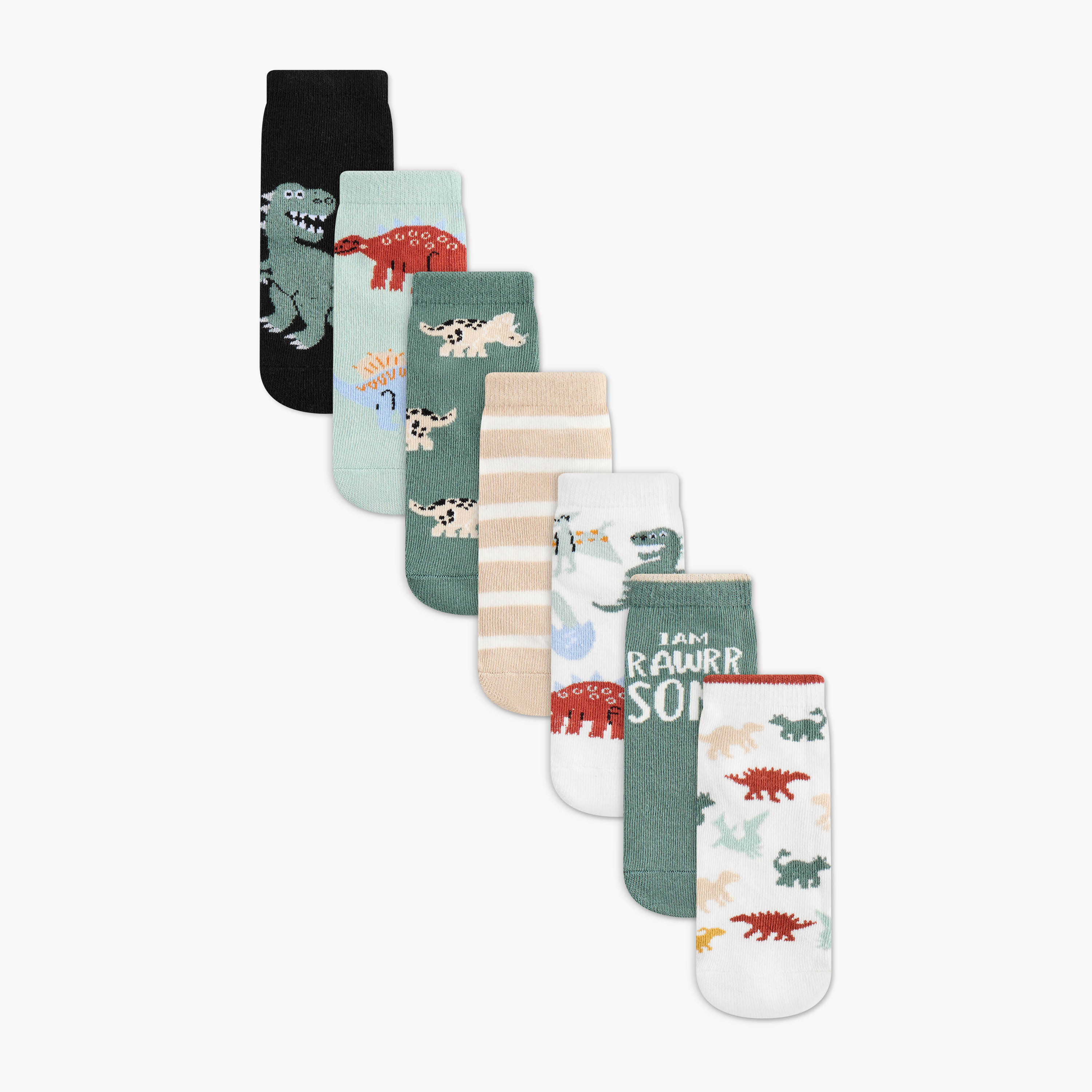 Juniors Dinosaur Print Ankle Length Socks - Set of 7-baby-boys-accessories-socks-image-1