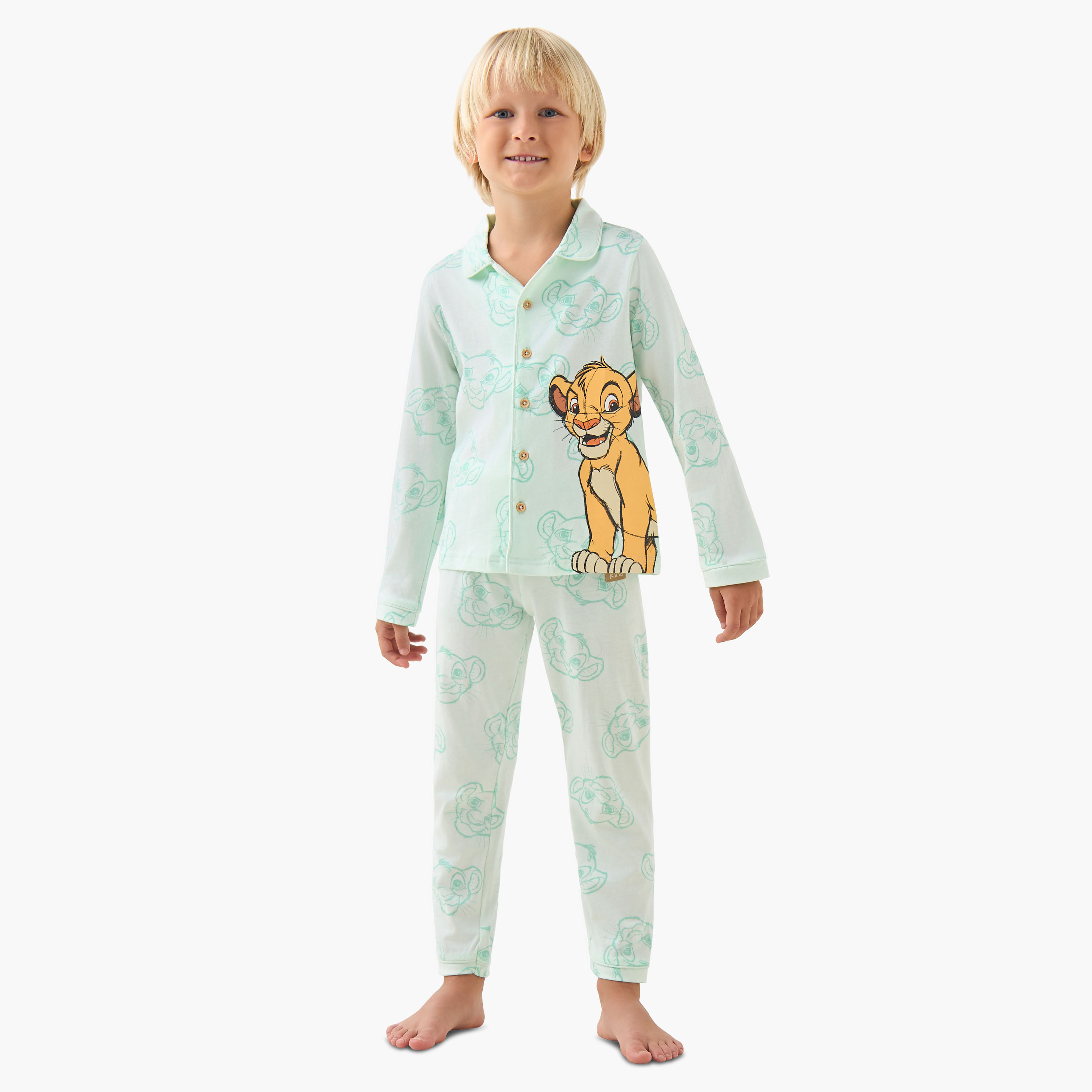 Disney Cotton Collared Long Sleeves Pyjama Set with Simba Print-boys-clothing-nightwear-image-1