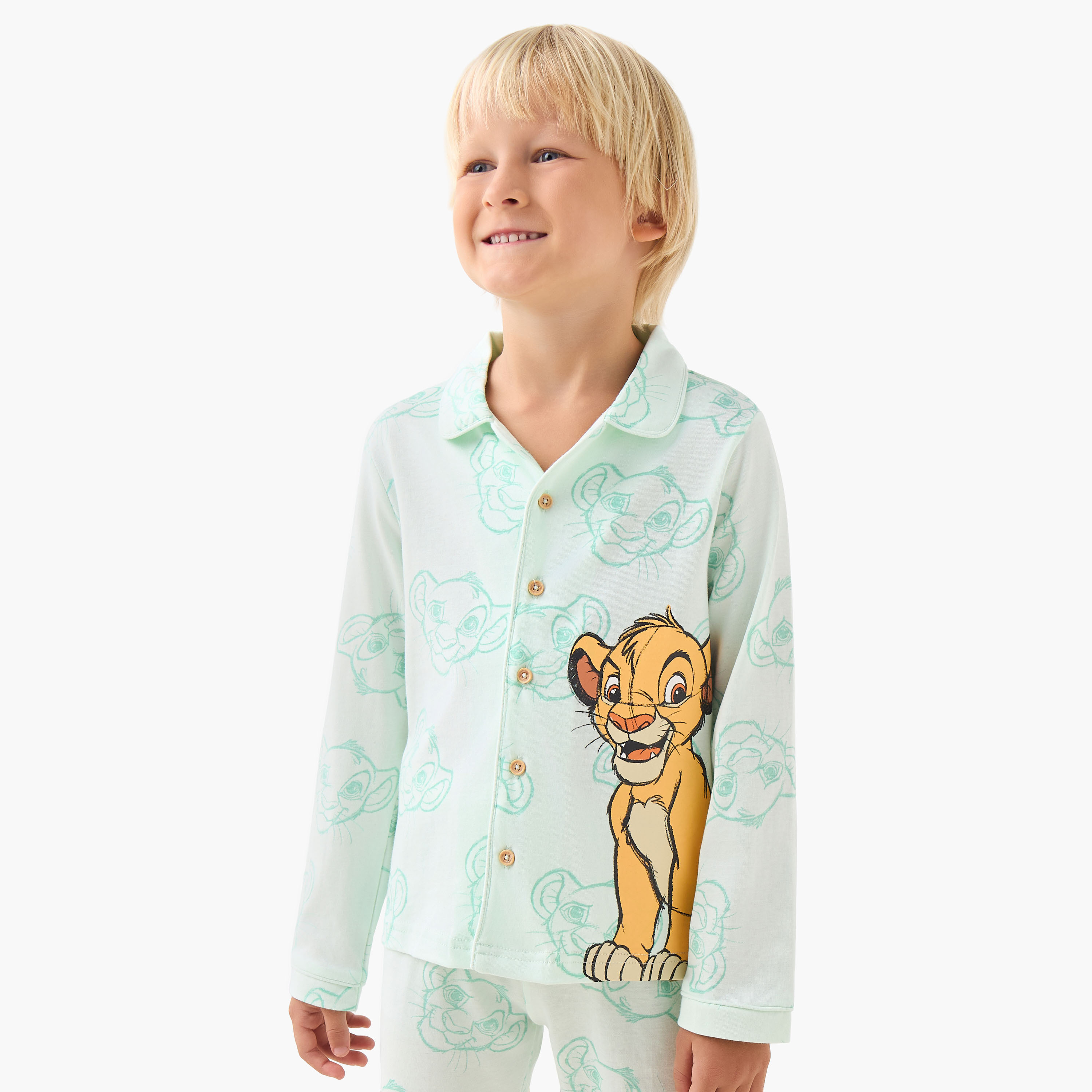 Disney Cotton Collared Long Sleeves Pyjama Set with Simba Print-boys-clothing-nightwear-image-2