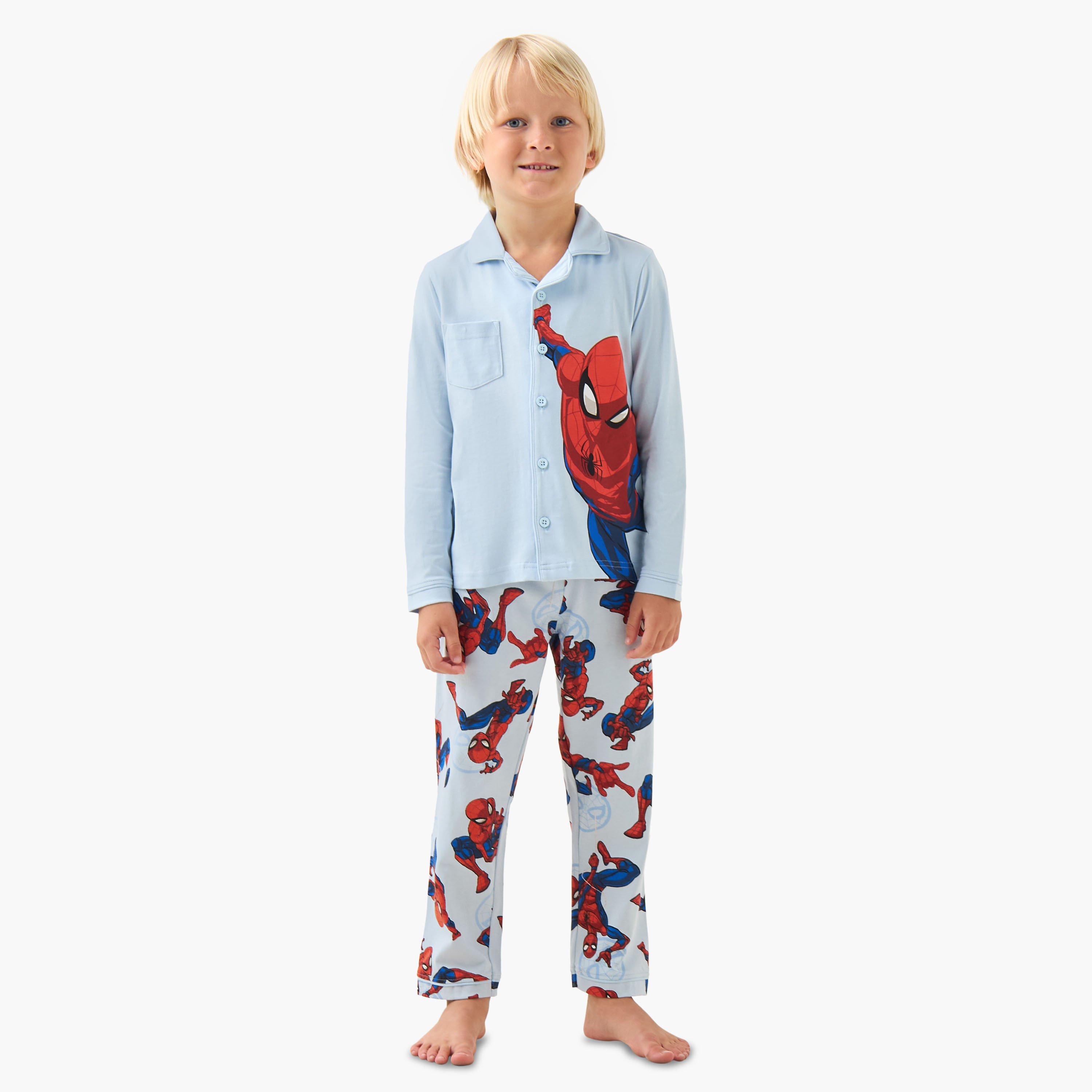 Cotton Collared Neck Long Sleeve Pyjama Set with Spider-Man Print-boys-clothing-nightwear-image-1