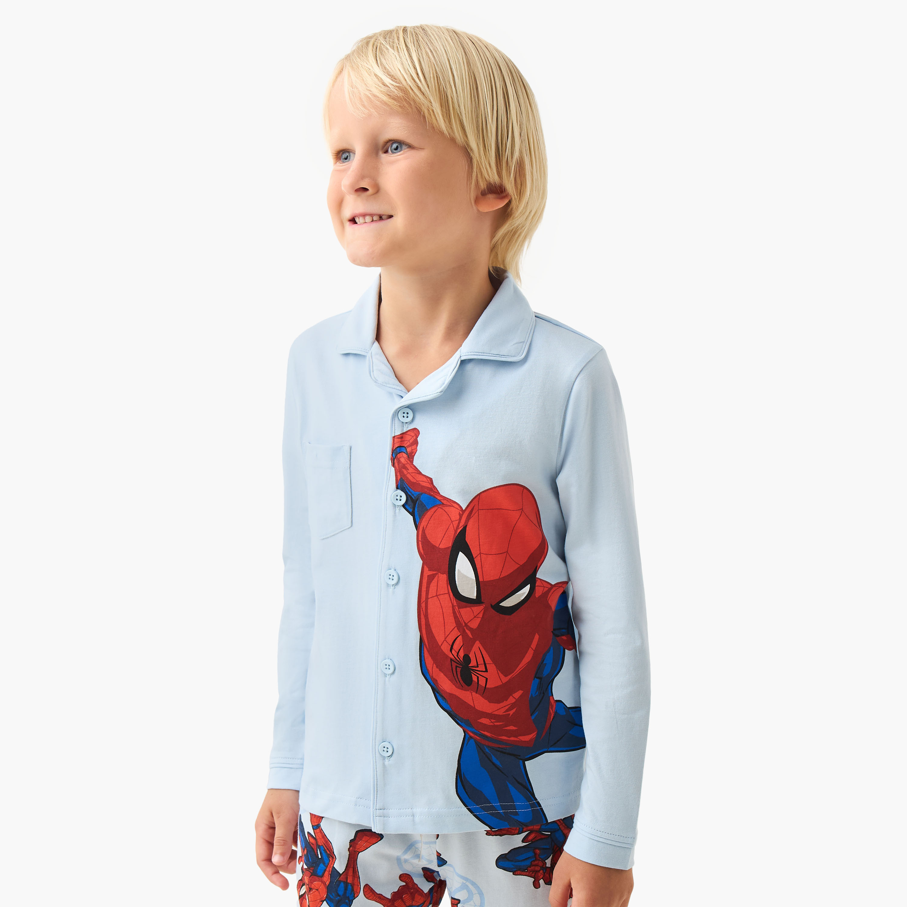 Cotton Collared Neck Long Sleeve Pyjama Set with Spider-Man Print-boys-clothing-nightwear-image-2