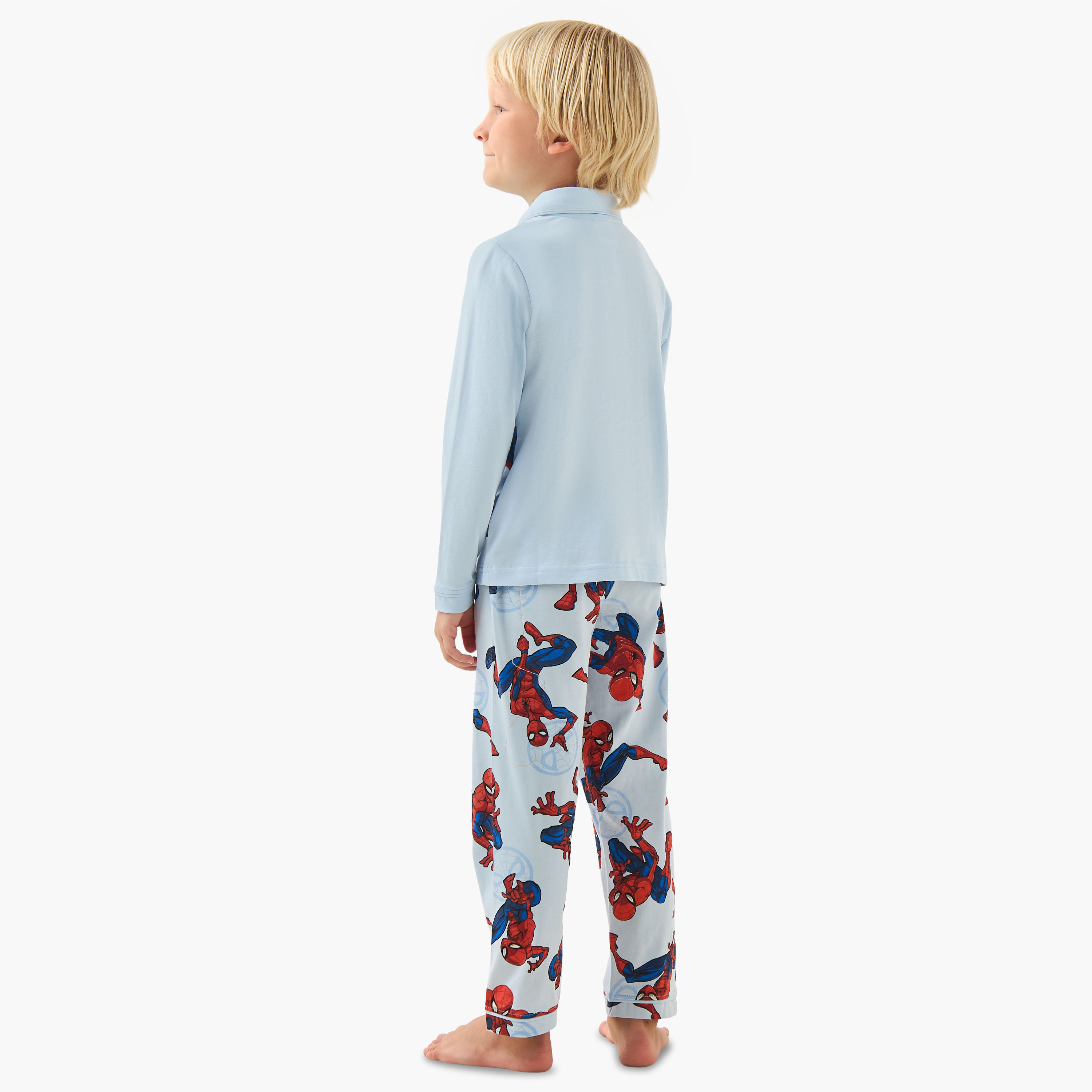 Cotton Collared Neck Long Sleeve Pyjama Set with Spider-Man Print-boys-clothing-nightwear-image-4