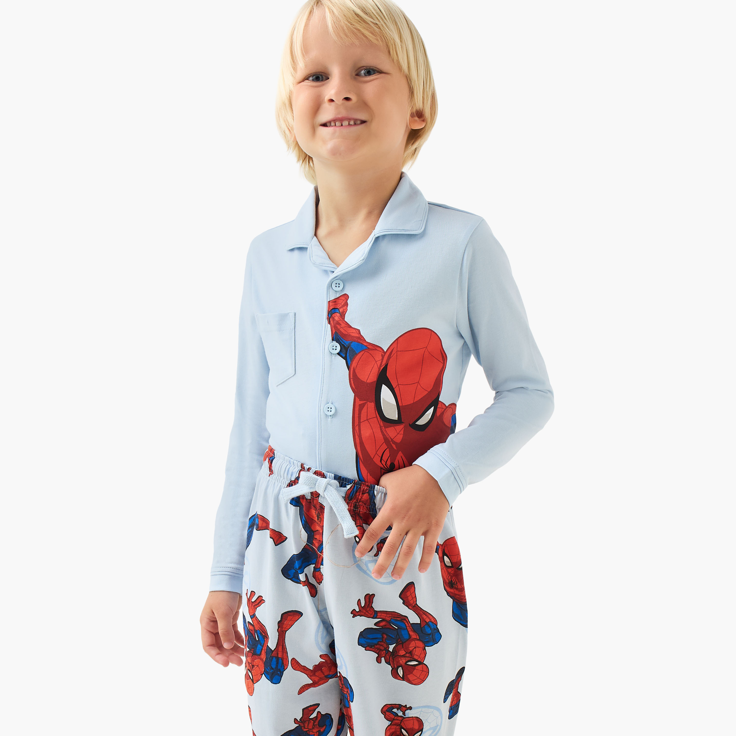 Cotton Collared Neck Long Sleeve Pyjama Set with Spider-Man Print-boys-clothing-nightwear-image-5