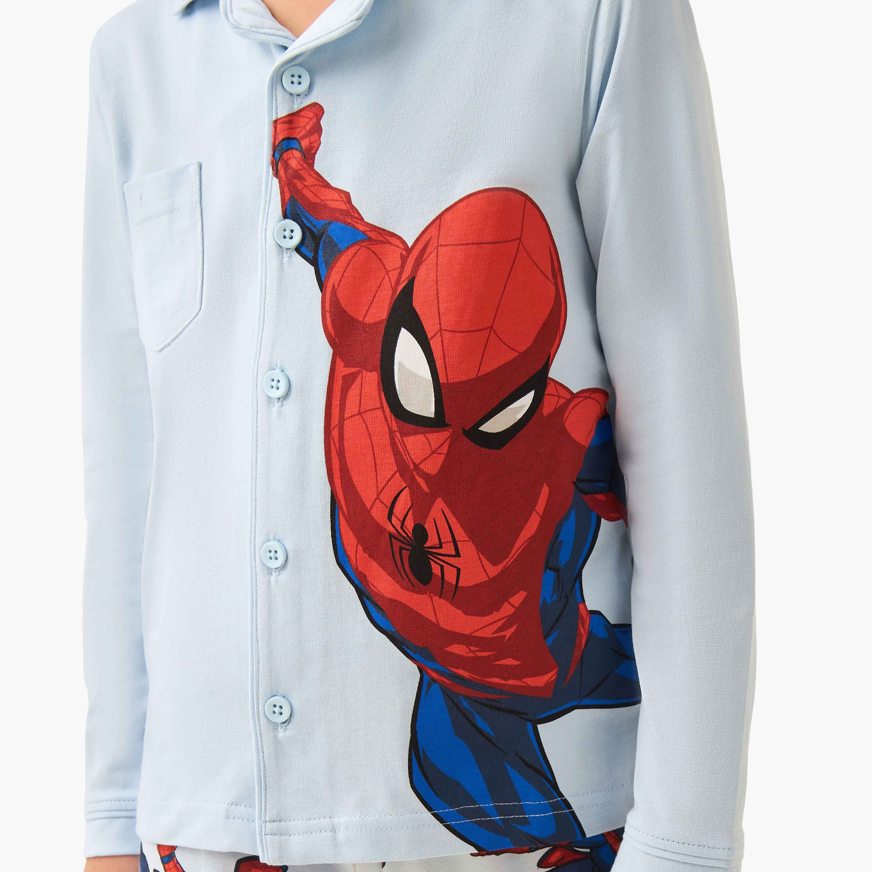 Cotton Collared Neck Long Sleeve Pyjama Set with Spider-Man Print-boys-clothing-nightwear-image-6