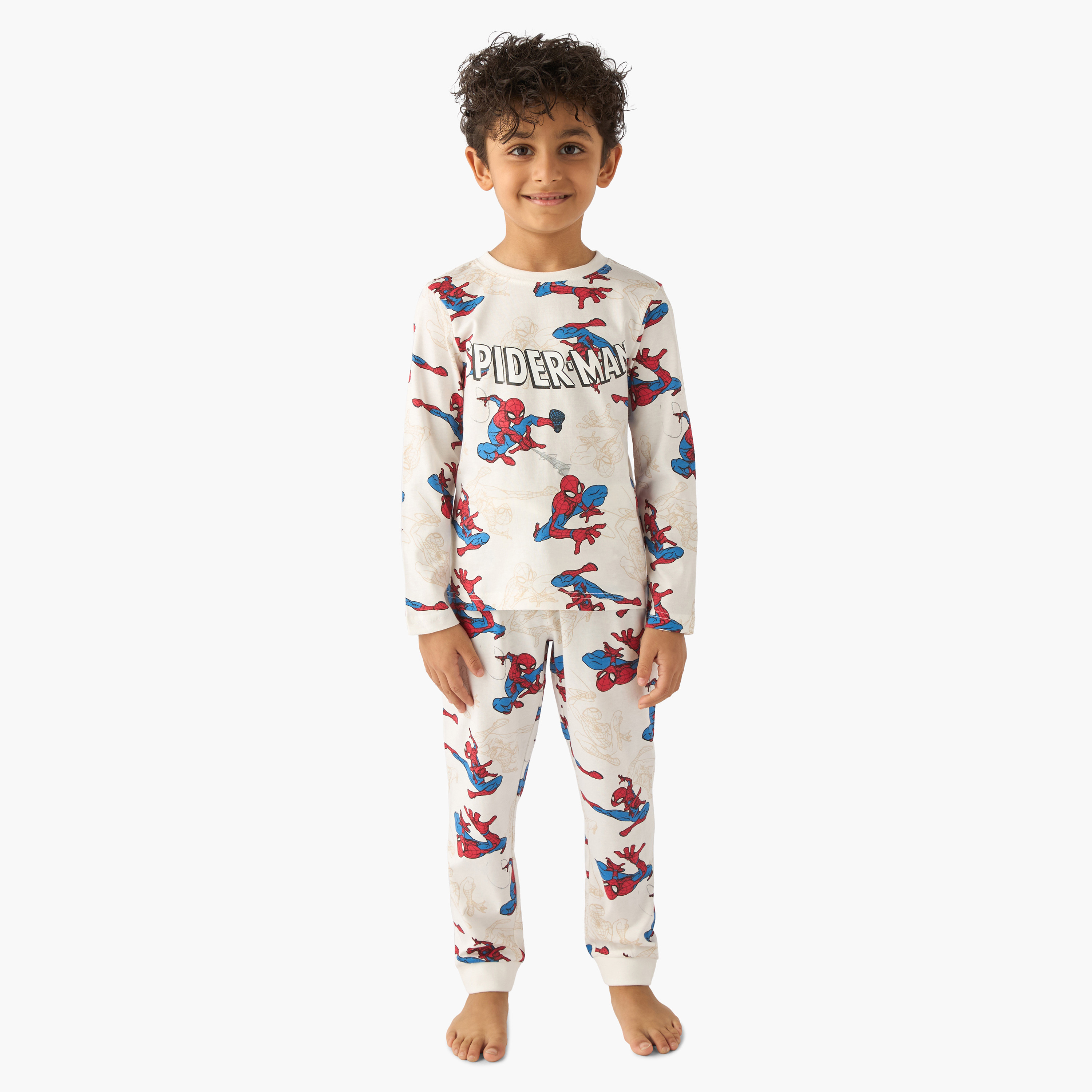 Pack of 2 Cotton Round Neck Long Sleeve Pyjama Set with Spider-Man Print-boys-clothing-nightwear-image-2