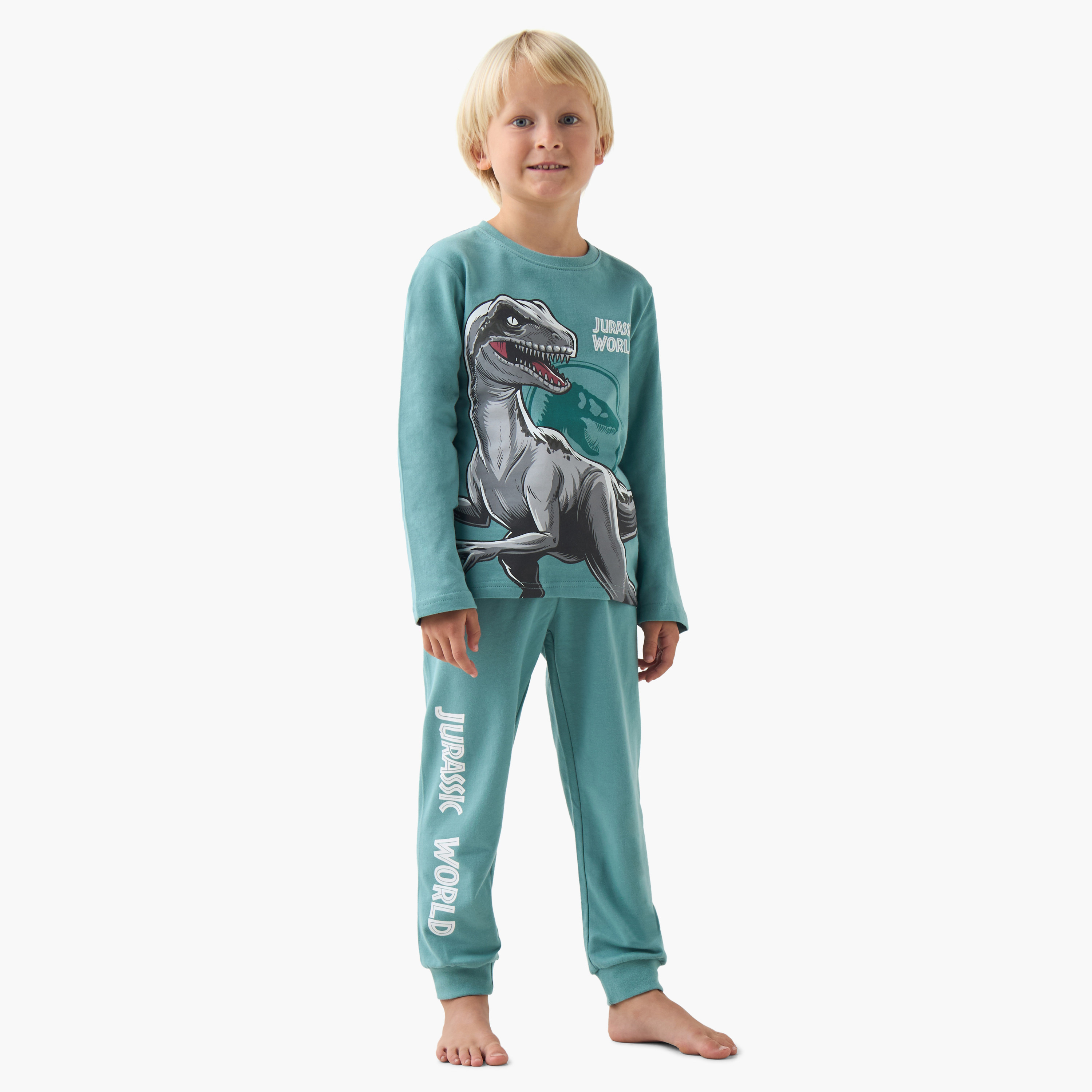 Boys Pyjama Set with Dinosaur Print - Cotton - Long Sleeves - Round Neck-boys-clothing-nightwear-image-1