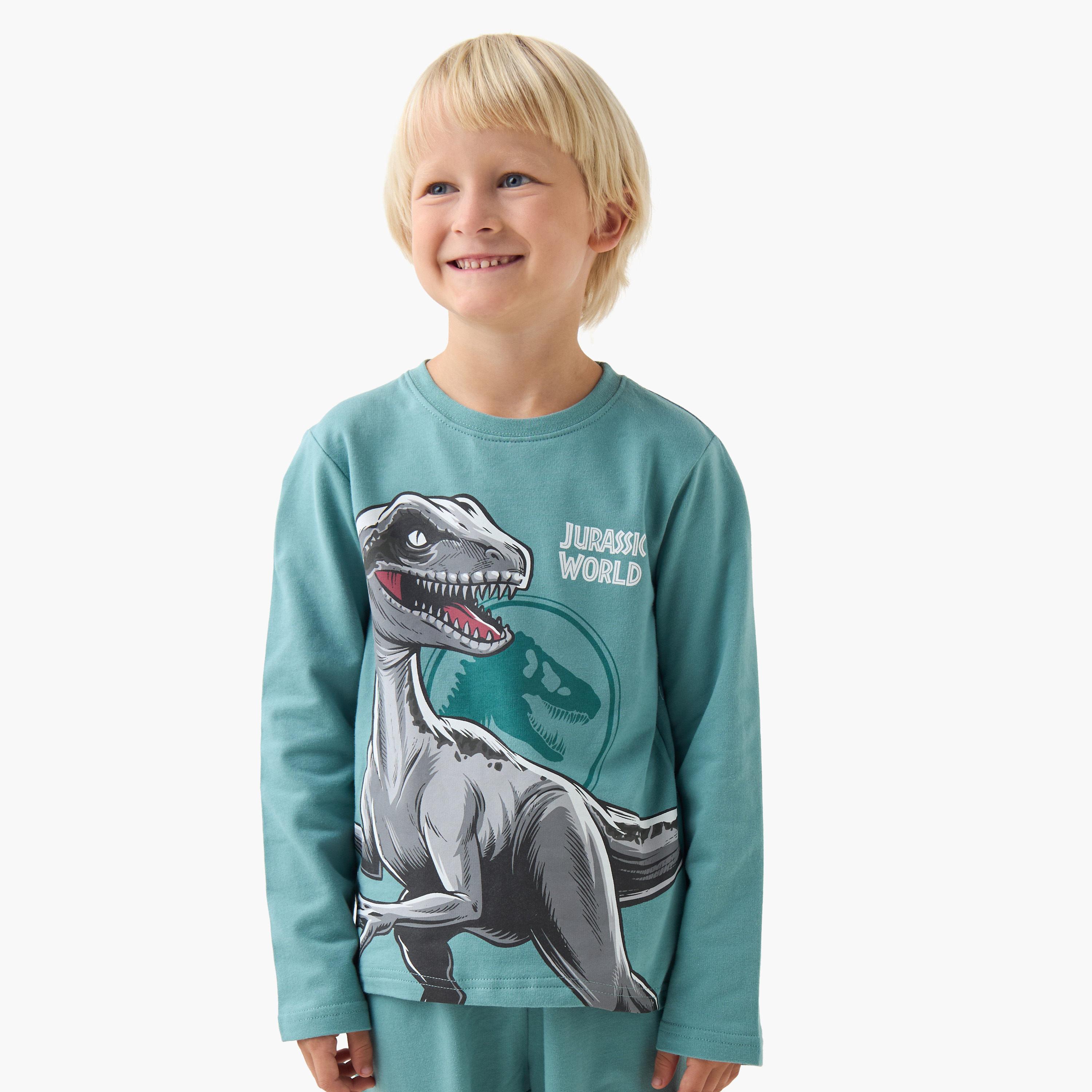 Boys Pyjama Set with Dinosaur Print - Cotton - Long Sleeves - Round Neck-boys-clothing-nightwear-image-2