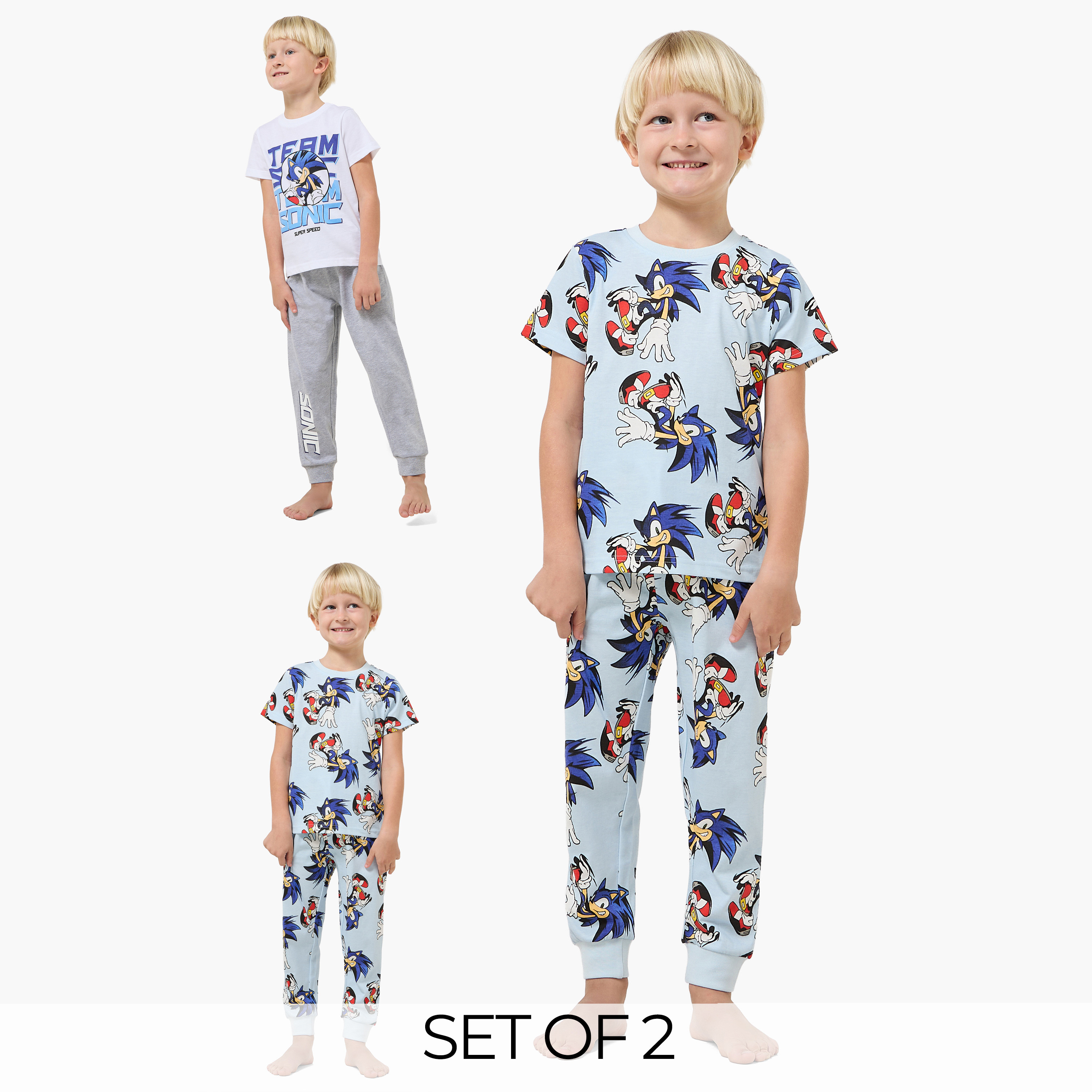 Set of 2 Cotton Round Neck Short Sleeves Pyjama Set with Sonic the Hedgehog Print-boys-clothing-nightwear-image-1