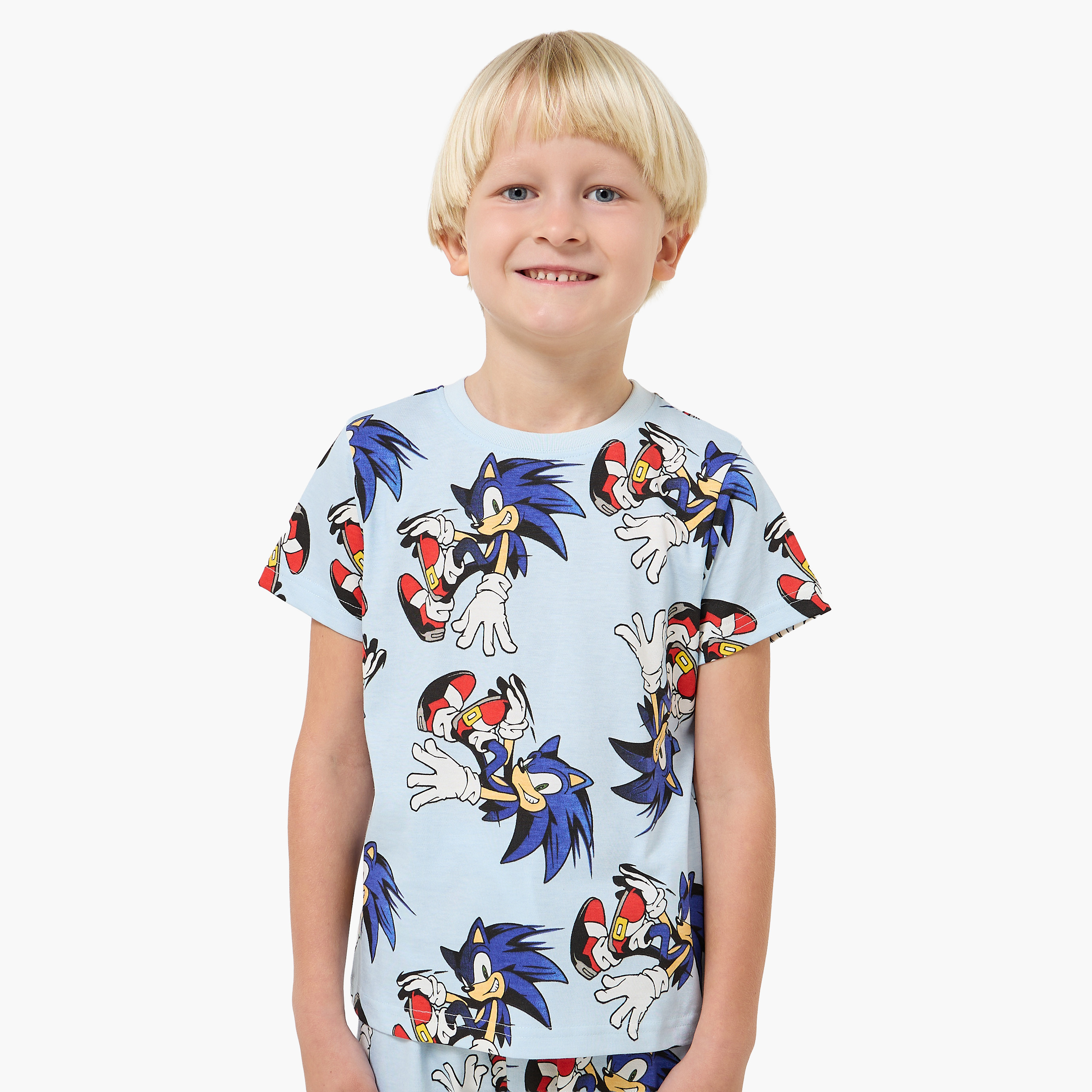 Set of 2 Cotton Round Neck Short Sleeves Pyjama Set with Sonic the Hedgehog Print-boys-clothing-nightwear-image-3