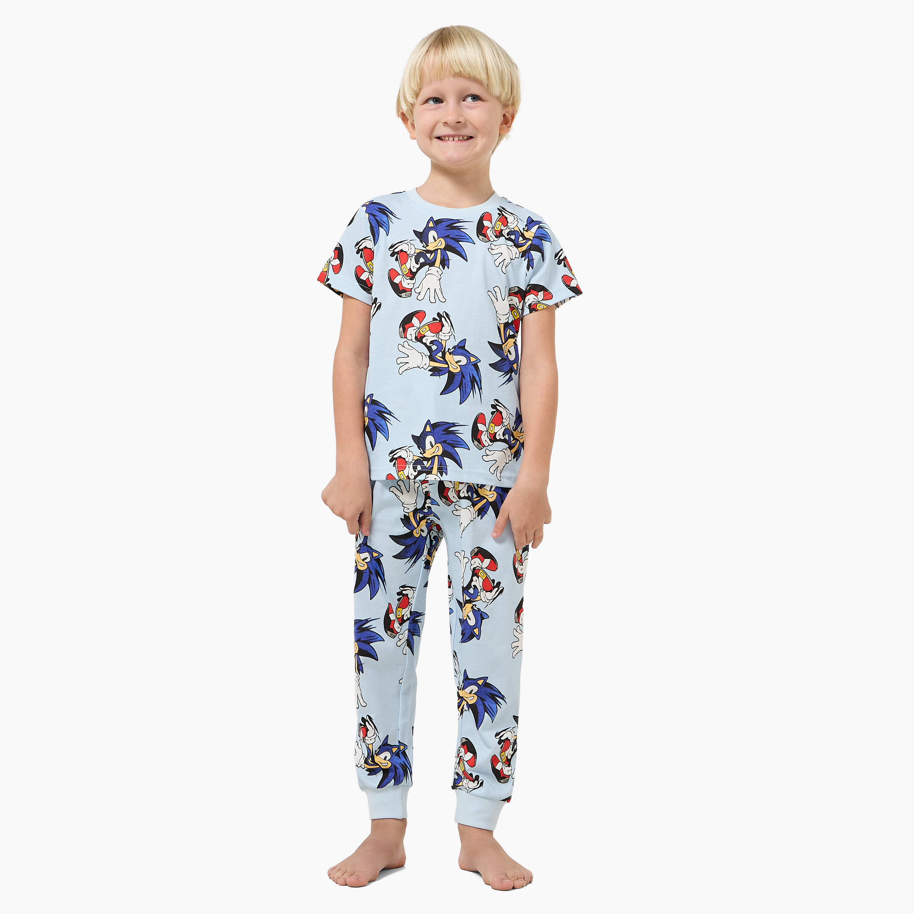 Set of 2 Cotton Round Neck Short Sleeves Pyjama Set with Sonic the Hedgehog Print-boys-clothing-nightwear-image-8