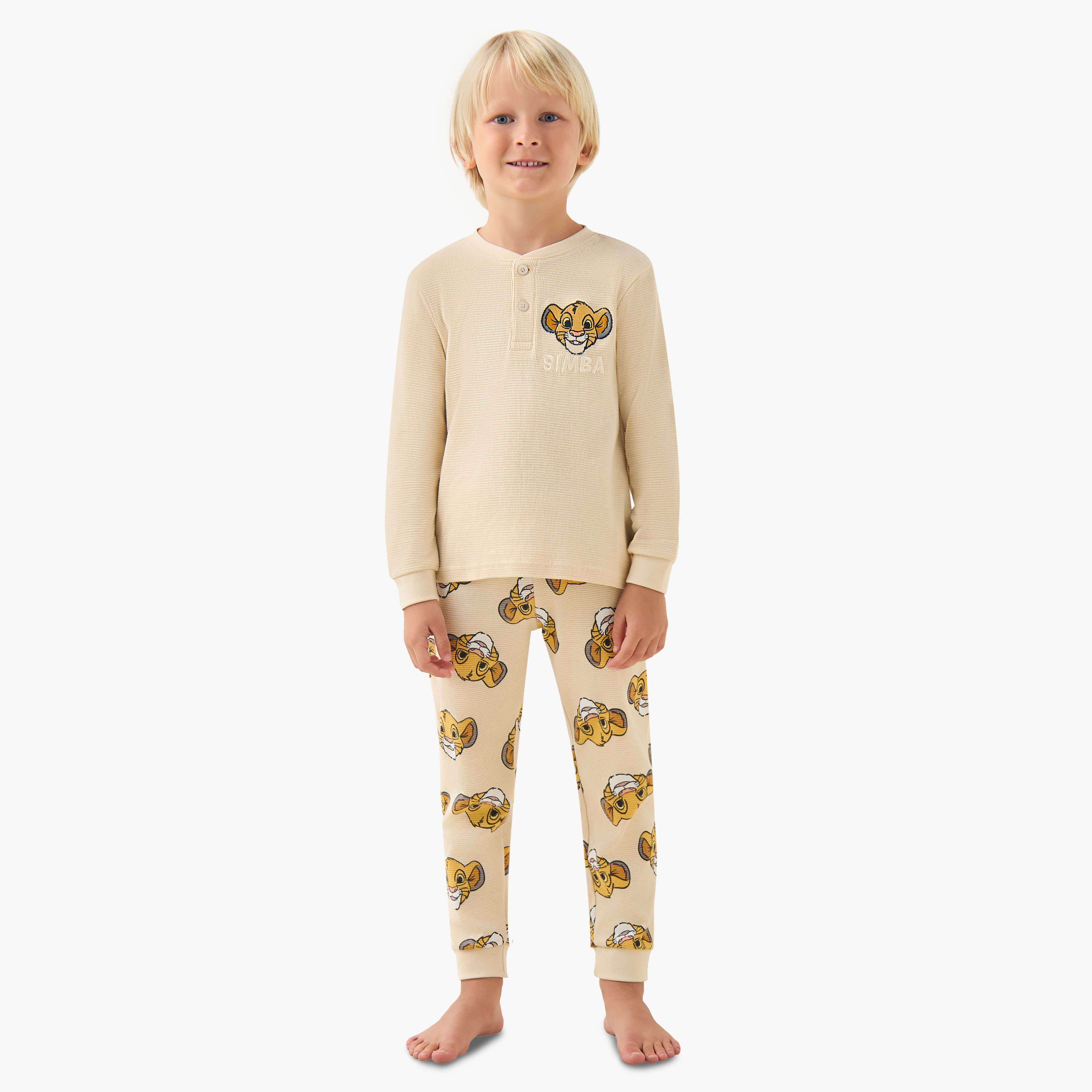 Disney Cotton Henley Neck Long Sleeves Pyjama Set with Simba Print-boys-clothing-nightwear-image-1