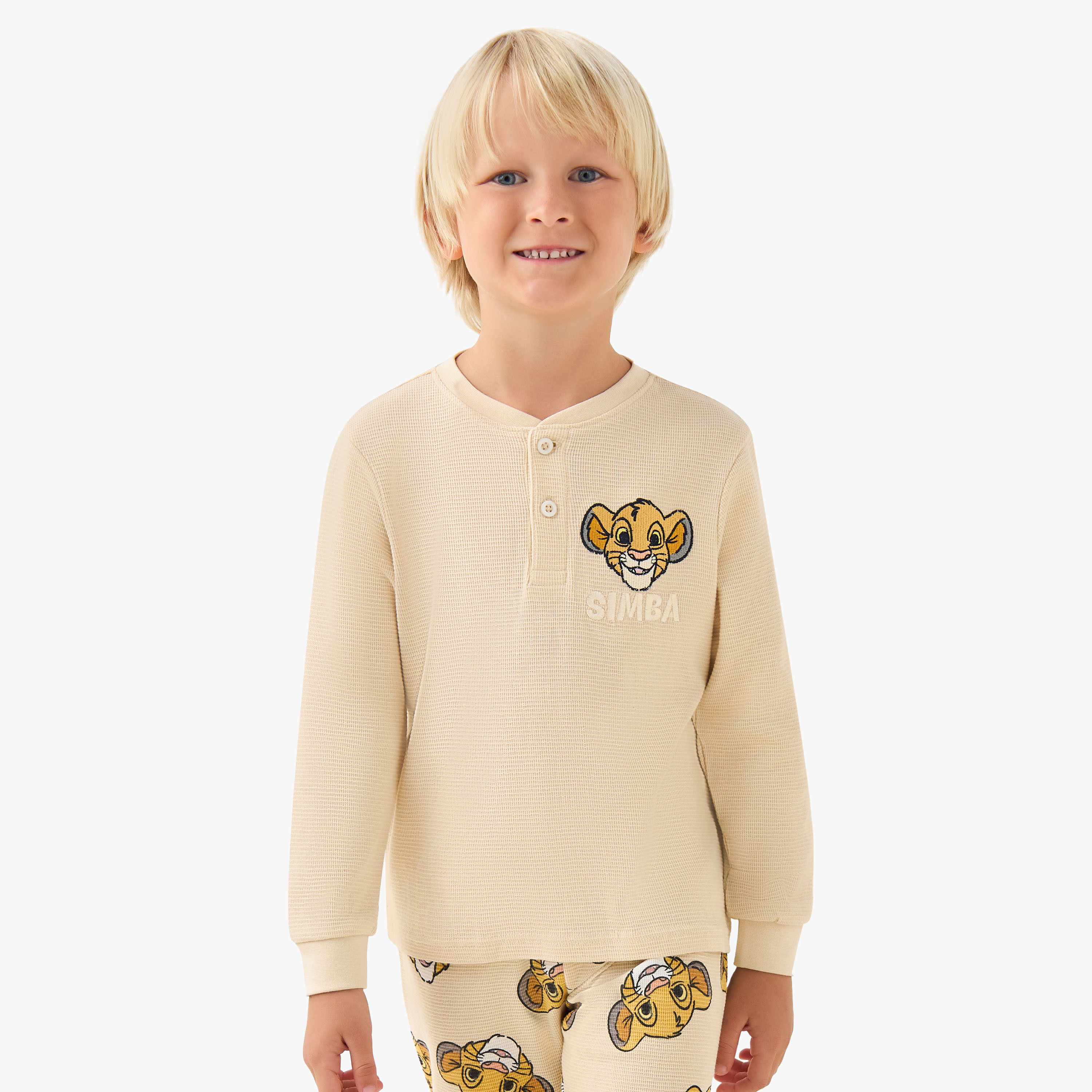 Disney Cotton Henley Neck Long Sleeves Pyjama Set with Simba Print-boys-clothing-nightwear-image-2