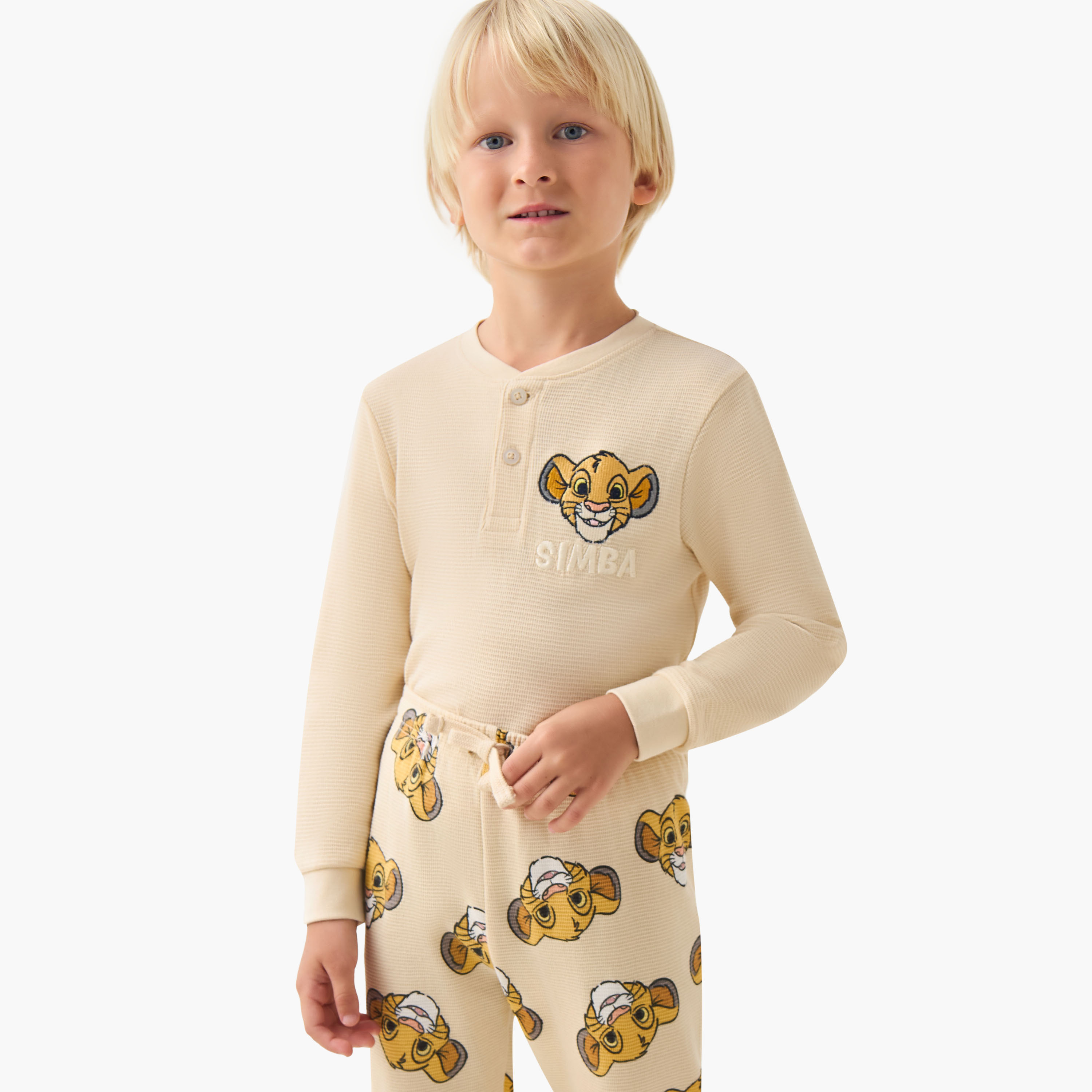 Disney Cotton Henley Neck Long Sleeves Pyjama Set with Simba Print-boys-clothing-nightwear-image-5
