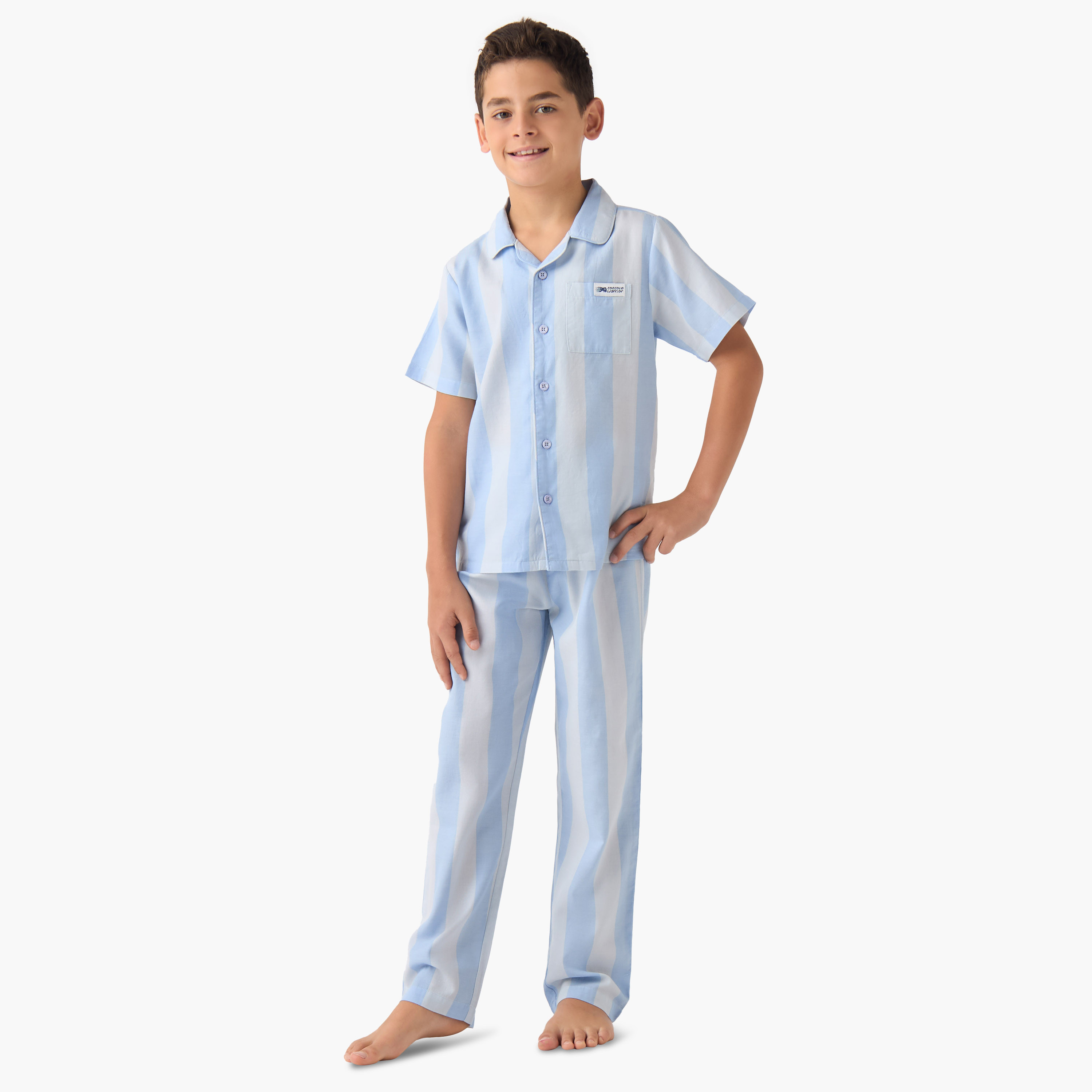 Juniors Boys Shirt and Pyjama Set with Stripes - Cotton - Short Sleeves - Collar-boys-clothing-nightwear-image-1