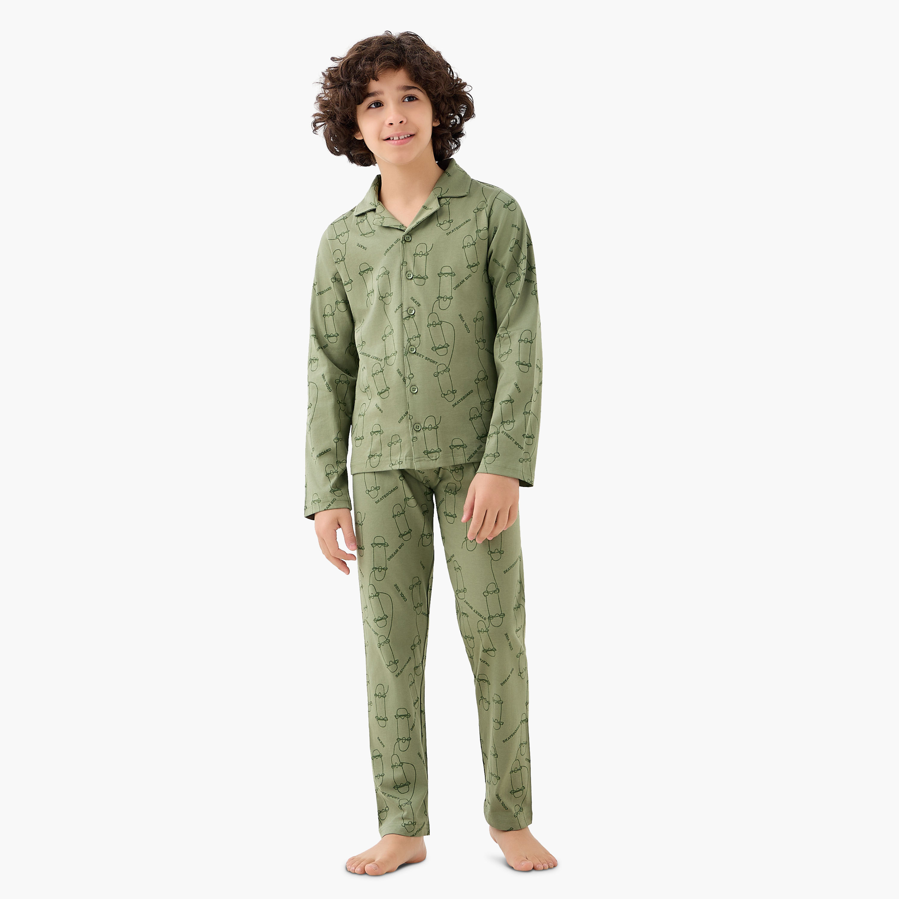 Juniors Cotton Collared Long Sleeve Pyjama Set with Skateboard Print-boys-clothing-nightwear-image-1