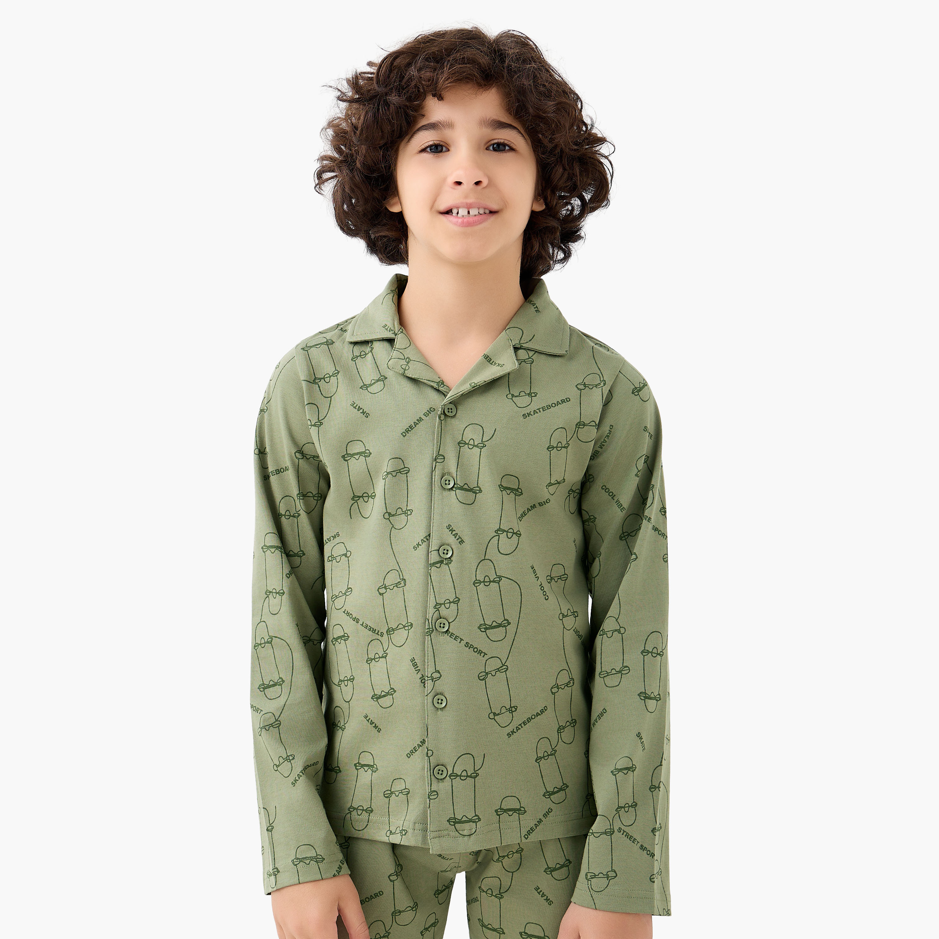 Juniors Cotton Collared Long Sleeve Pyjama Set with Skateboard Print-boys-clothing-nightwear-image-2