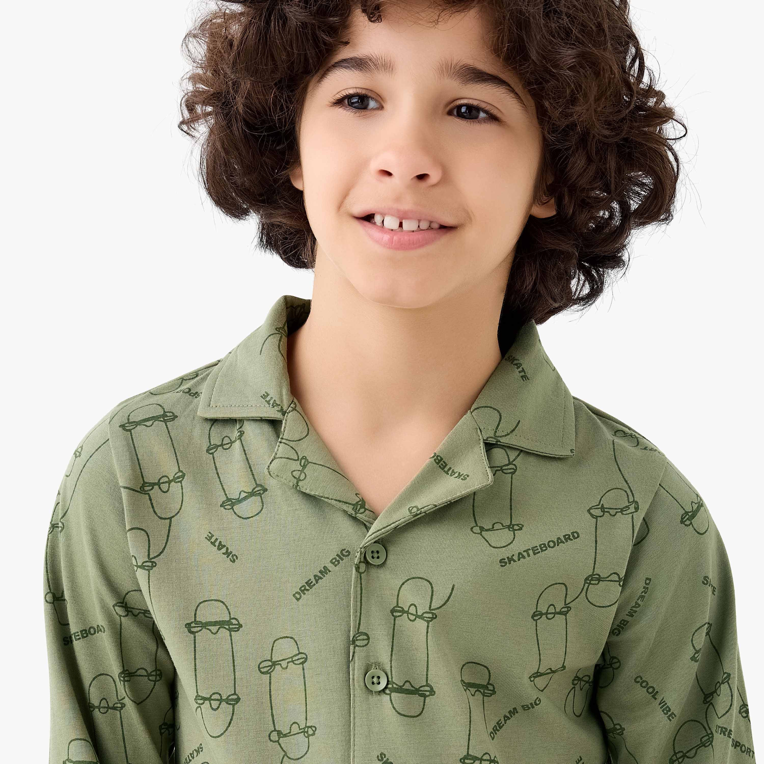 Juniors Cotton Collared Long Sleeve Pyjama Set with Skateboard Print-boys-clothing-nightwear-image-5