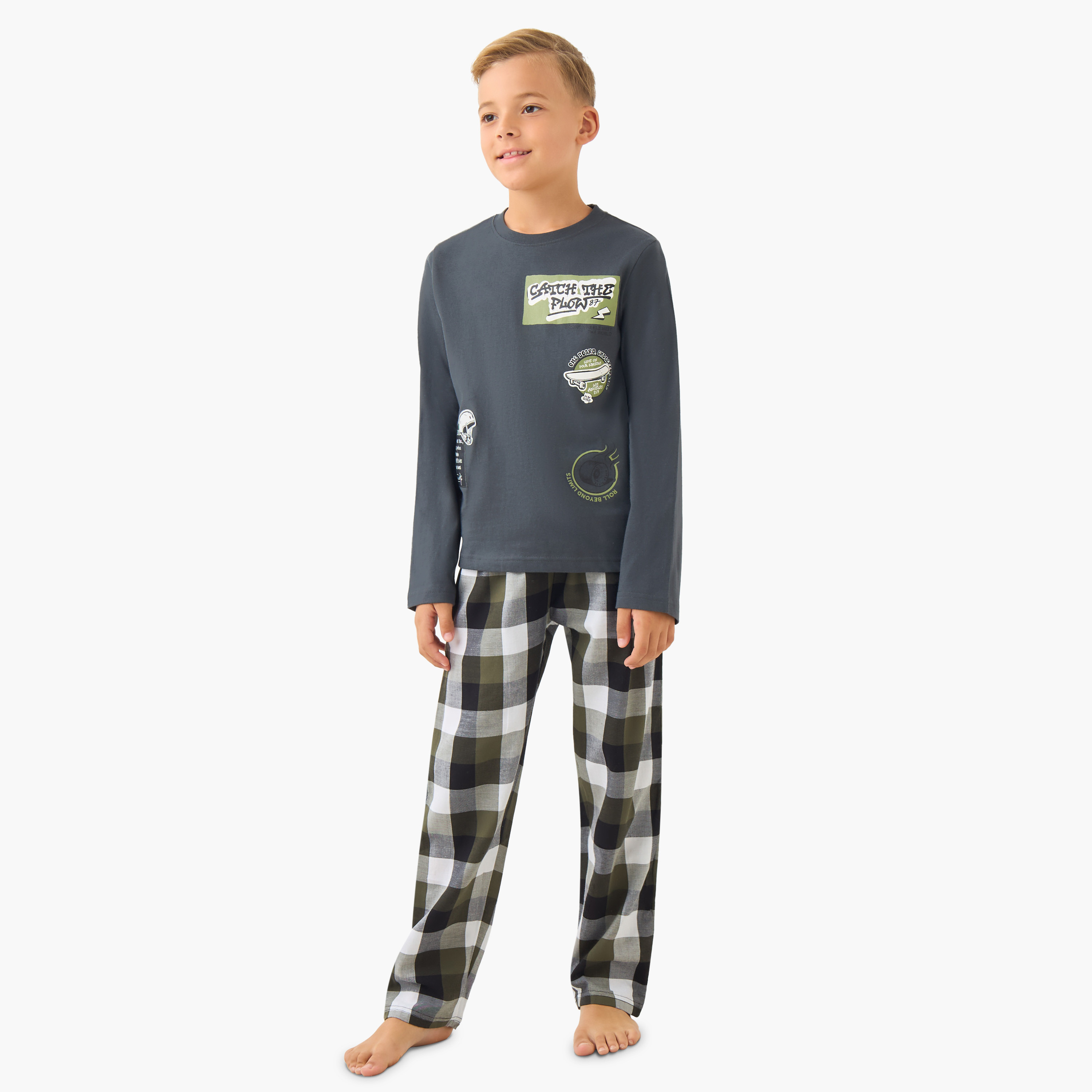 Junior Boys Pyjama Set with Checked Print - Cotton - Long Sleeves - Crew Neck-boys-clothing-nightwear-image-1