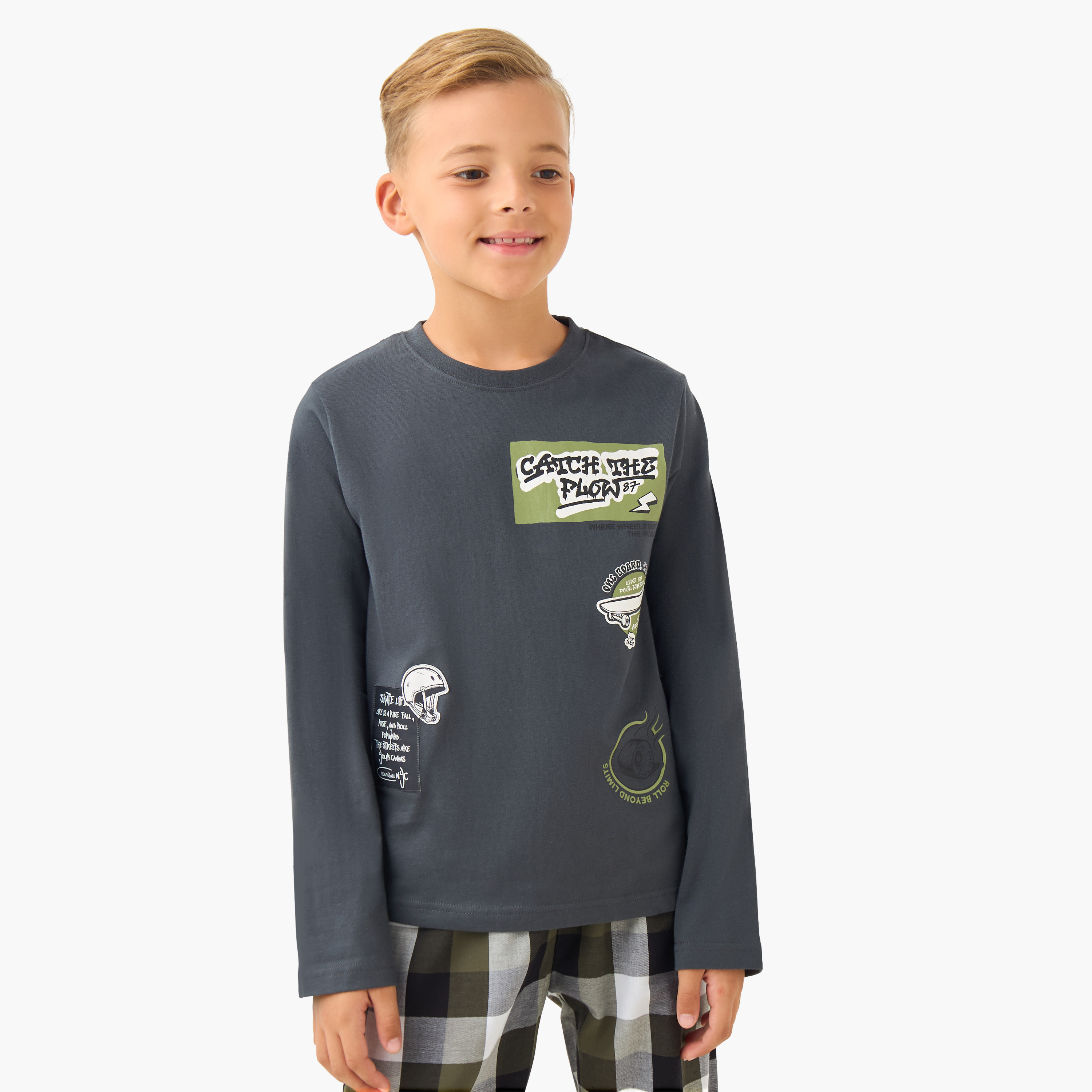 Junior Boys Pyjama Set with Checked Print - Cotton - Long Sleeves - Crew Neck-boys-clothing-nightwear-image-2