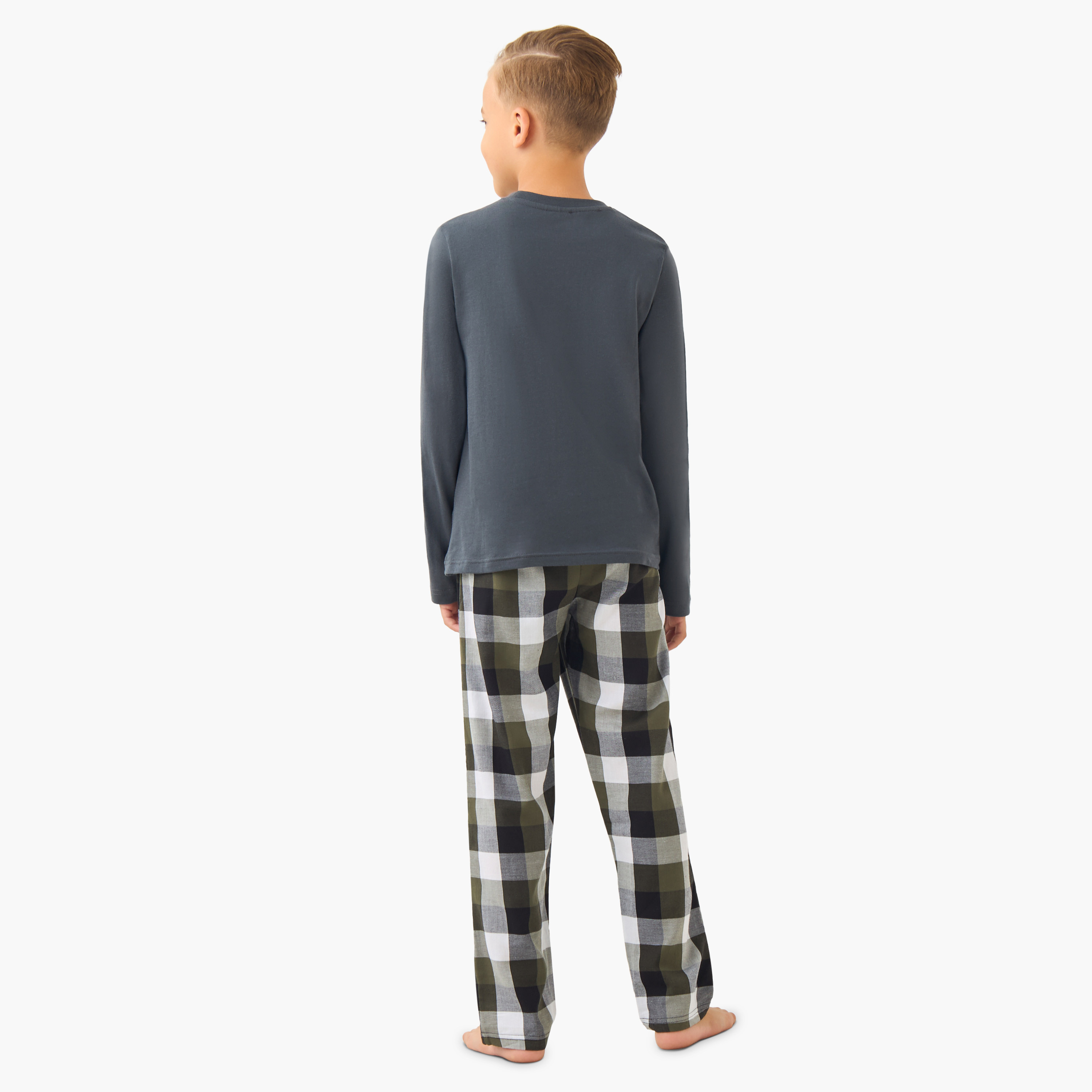 Junior Boys Pyjama Set with Checked Print - Cotton - Long Sleeves - Crew Neck-boys-clothing-nightwear-image-4