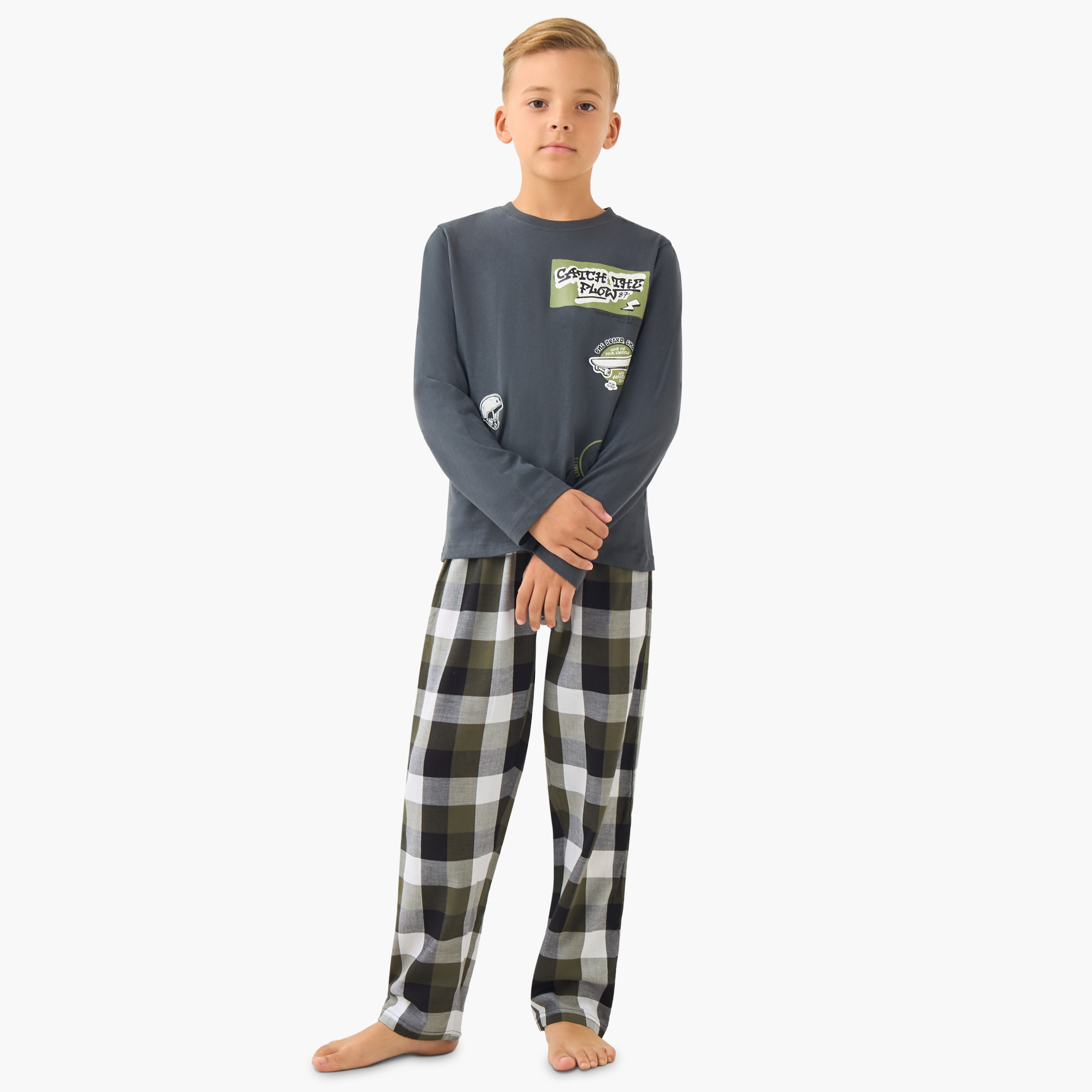 Junior Boys Pyjama Set with Checked Print - Cotton - Long Sleeves - Crew Neck-boys-clothing-nightwear-image-8
