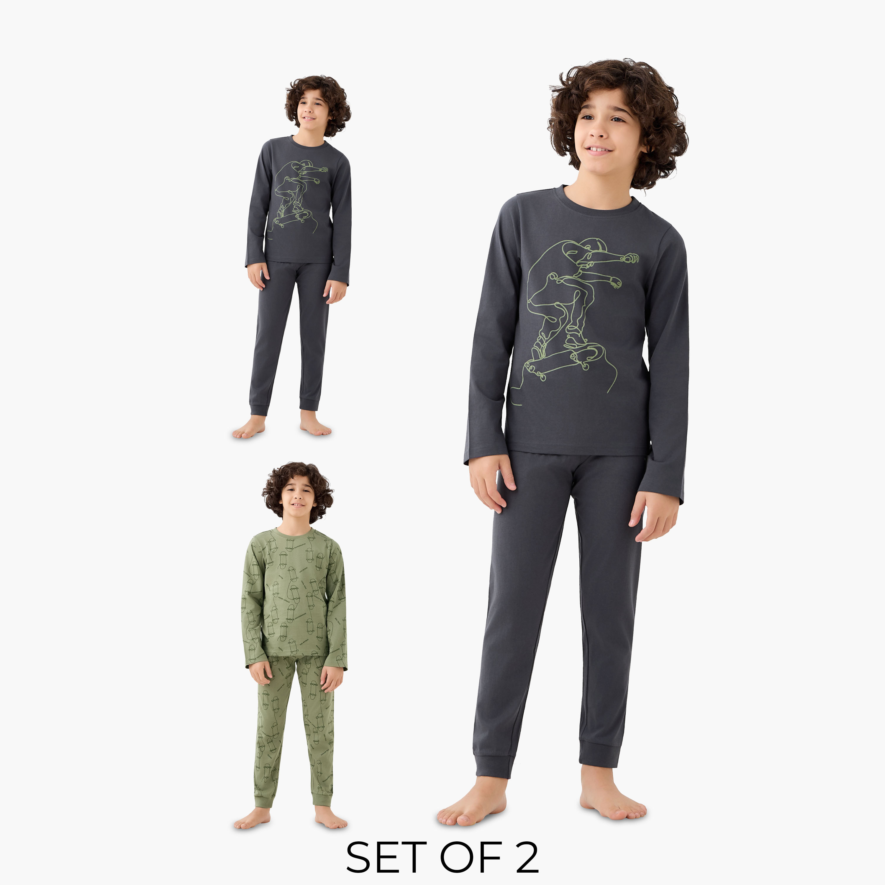 Juniors Cotton Crew Neck Long Sleeves Pyjama Set with Skateboard Print, Set of 2-boys-clothing-nightwear-image-1