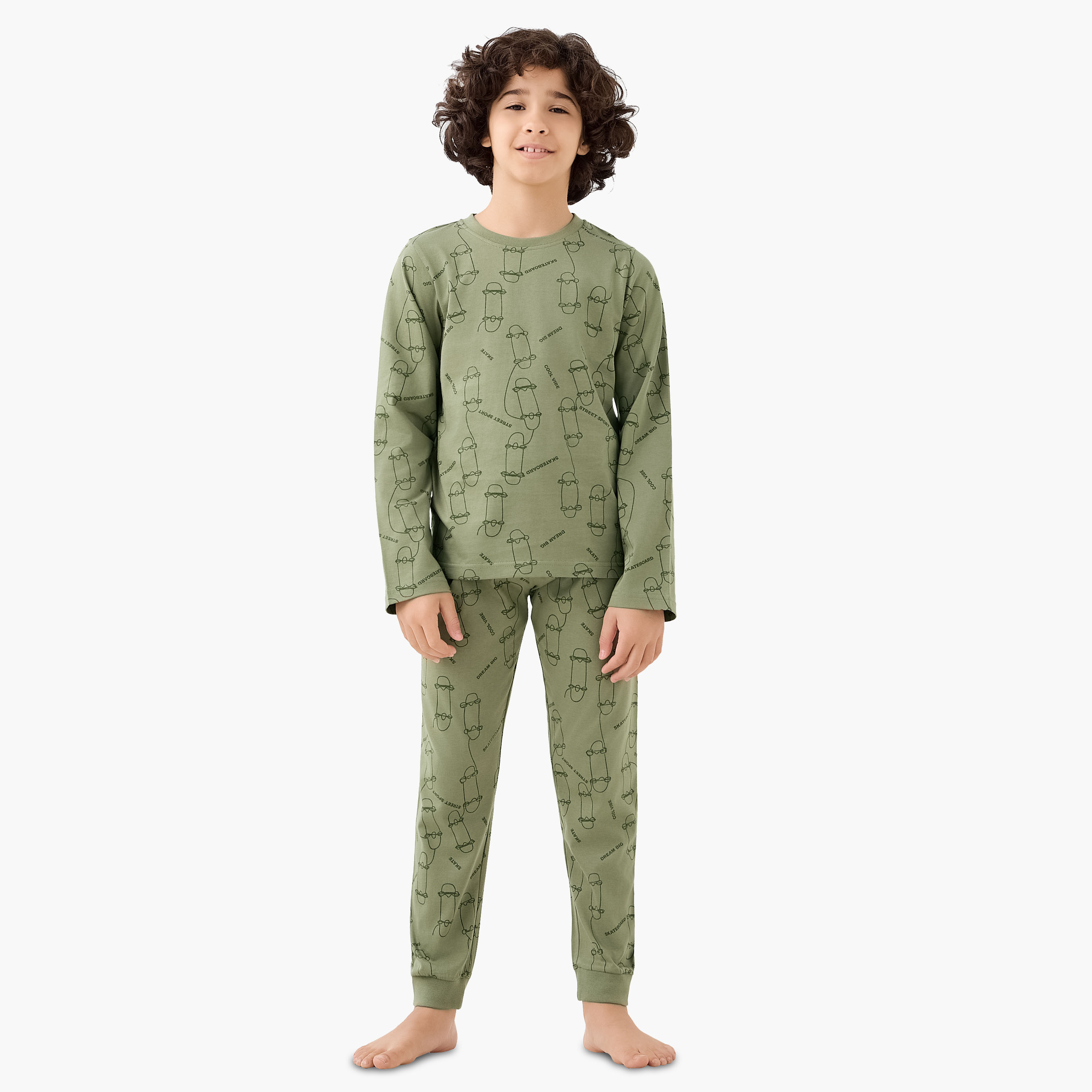 Juniors Cotton Crew Neck Long Sleeves Pyjama Set with Skateboard Print, Set of 2-boys-clothing-nightwear-image-2